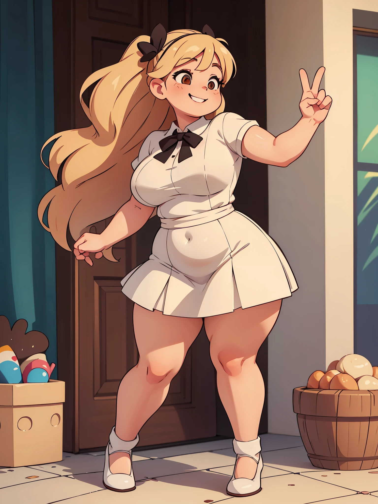 Drawing of a pudgy teen of late adolescence with rosy cheeks, brown eyes, creamy blonde hair. She is in a white dress with a prominent bow on her waist; she is wearing black dress shoes. She has muscular, toned, realistic feet and legs. Her legs are thick, fat, chubby, meaty, voluptuous, curvaceous, long, Rubenesque and plump. Her fat legs have varicose veins. She is posing with both hands making victory sign and with one leg up. She is smiling flirtatiously.