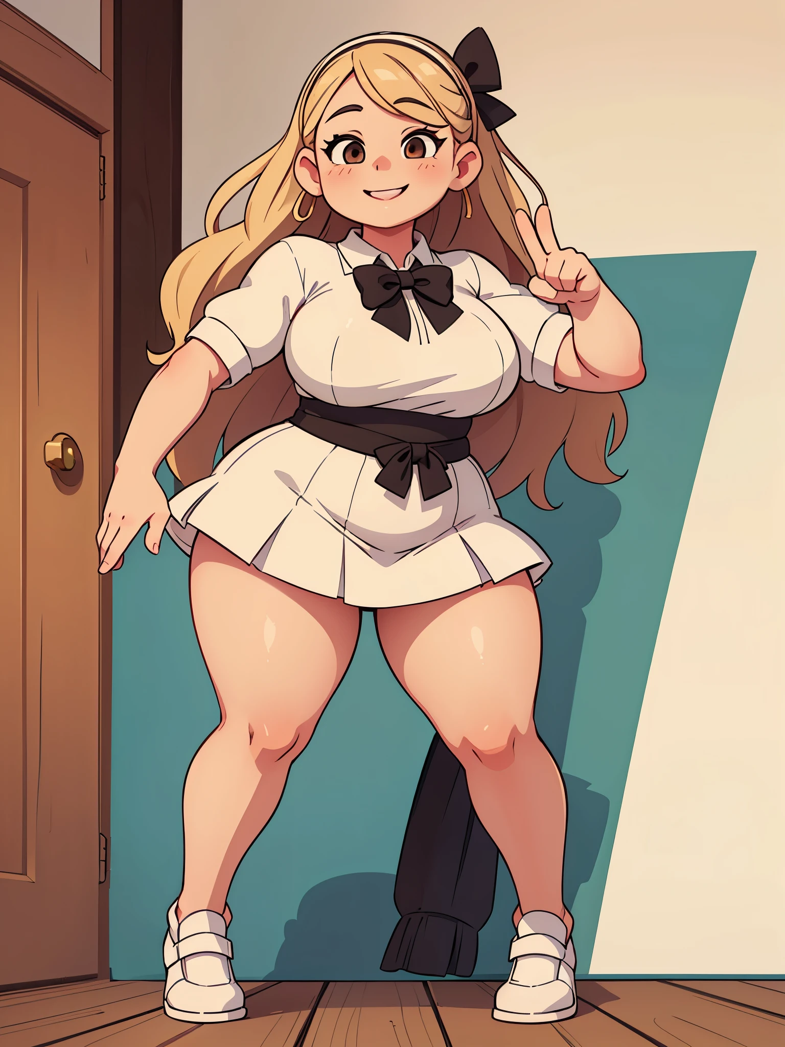 (Best quality), (top quality), (masterpiece), (portrait), (aesthetic), (beautiful), (high quality), (professional angle), (rule of thirds), (Feminine), (woman), (female), (beautiful lady), (big ass), (long hair), (large breast), (masterpiece), (portrait), (aesthetic), (beautiful), (high quality), (professional angle), (rule of thirds), (Feminine), (woman), (female), (beautiful), (feminine features), (blonde) Drawing of a pudgy teen of late adolescence running with a piece of fleshy toast in her mouth with rosy cheeks, brown eyes, creamy blonde hair. She is in a white dress with a prominent bow on her waist; she is wearing black dress shoes. She has muscular, toned, realistic feet and legs. Her legs are thick, fat, chubby, meaty, voluptuous, curvaceous, long, Rubenesque and plump. Her fat legs have varicose veins.