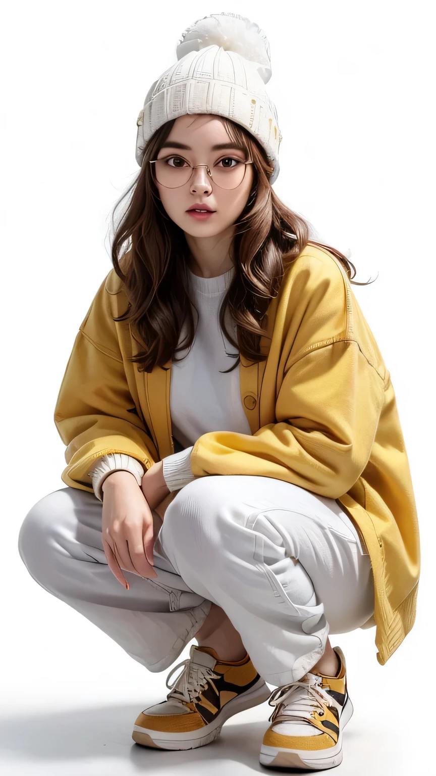 (highest quality, High resolution, masterpiece :1.3), beautiful adult woman, ((pure white background)), (Wearing a mustard-colored oversized jacket, wearing a white shirt, wear wide pants, wear sneakers, wearing a knitted hat, round glasses), (Loose wavy white bob hair), ((Accurately express details such as faces and skin textures)), squatting pose, avert your eyes,