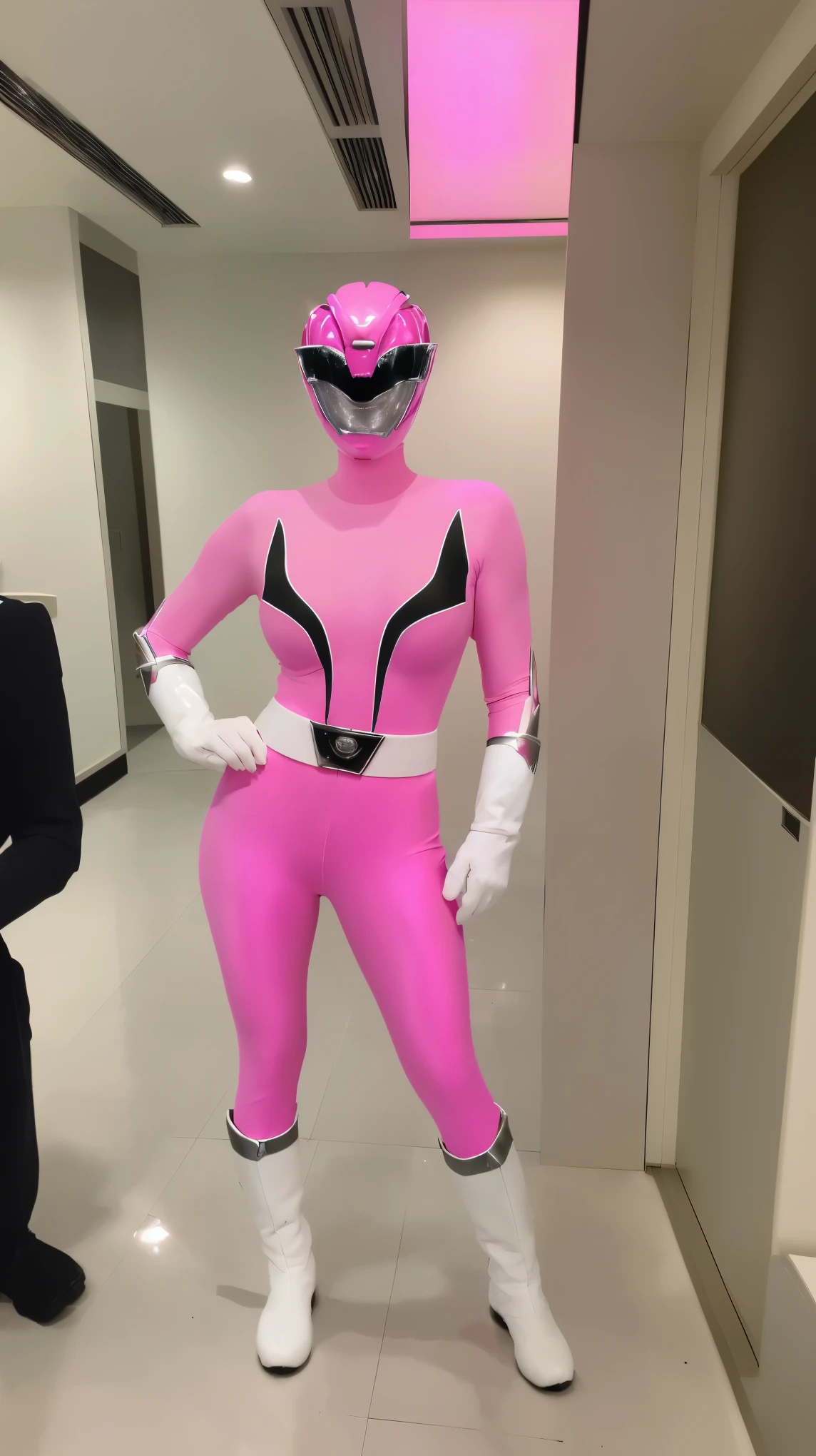(8K、ultra high resolution、highest quality、masterpiece、realistic、ultra high resolution)、(((Must be female、Always shiny neon pink Power Rangers、Must have big breasts、Definitely quite big breasts、feminine body、tight buttocks))A full-face helmet that ensures that your face and hair are not exposed.、Must be a shiny enamel pink full body suit、big emblem on the chest:1.3)(very shiny helmet and suit)、sexy pose、(Must be indoors in a high-rise building)