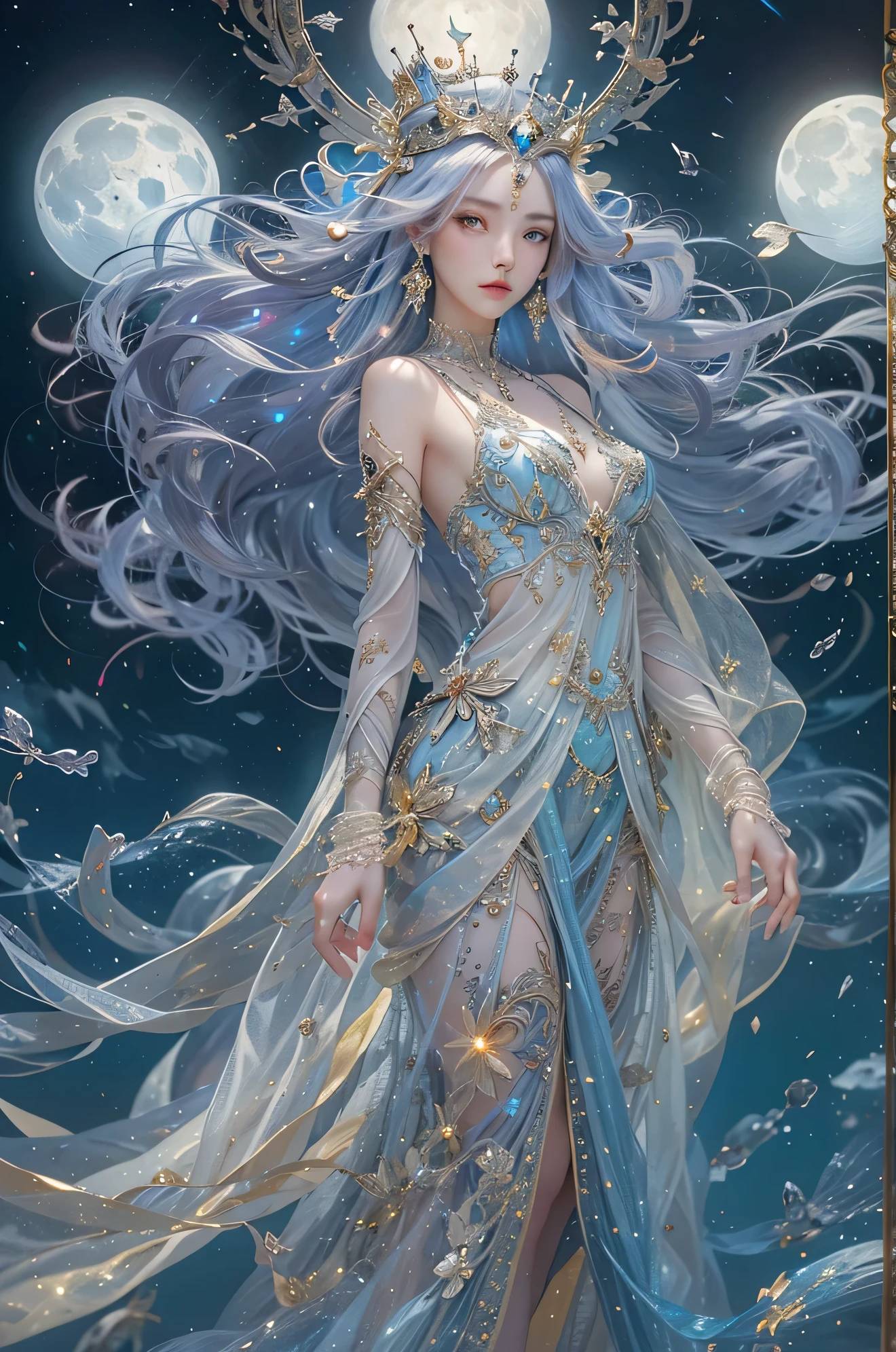 "(masterpiece: 1.3), 8k ultra high definition resolution, Ethereal and beautiful moon goddess, Smooth, Captivating action (yellow eyes, Very detailed, bioluminescence):1.7 , blue bioluminescence body: 1.7. (flight, floating body): 1.5. (floating clouds around, night sky), ease, Personable, Elegance. silky hair (exquisite silk dress, Delicate silver pattern, Very detailed), (exquisite crown, Very detailed), Moonlight creates a halo.