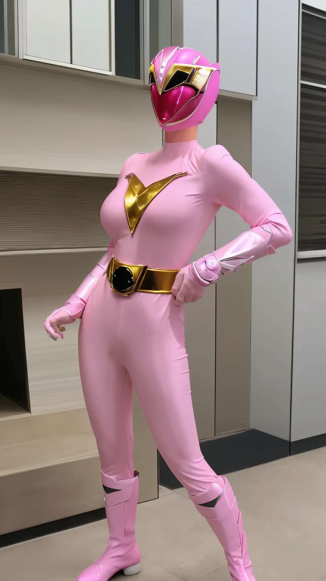(8K、ultra high resolution、highest quality、masterpiece、realistic、ultra high resolution)、(((Must be female、Power Rangers in shiny neon pink leather、Must have big breasts、Definitely quite big breasts、feminine body、tight buttocks)A full-face helmet that ensures that your face and hair are not exposed.、Definitely a shiny neon pink patent leather full body suit、big emblem on the chest、Always at a cosplay venue:1.3))(very shiny helmet and suit)、