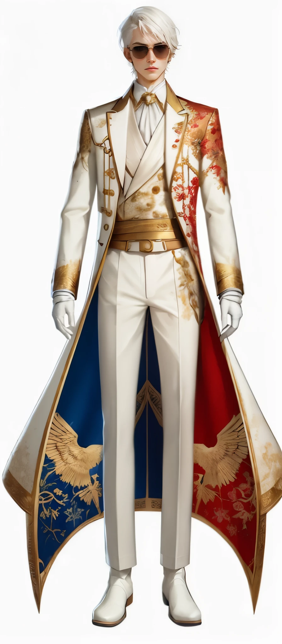 Realistic anime character with short white hair and sunglasses dressed in a long, gold buttoned white coat with three separated coattails. A golden, floral pattern decorates the entire coat. A gold lining runs across the edges of the coat, a silky, golden flower blossom pattern decorates the inner lining, and half red half blue eagle pattern on the back. He wears white pants, leather belt, white gloves, and tall white boots. He has a tall figure, and broad shoulders.