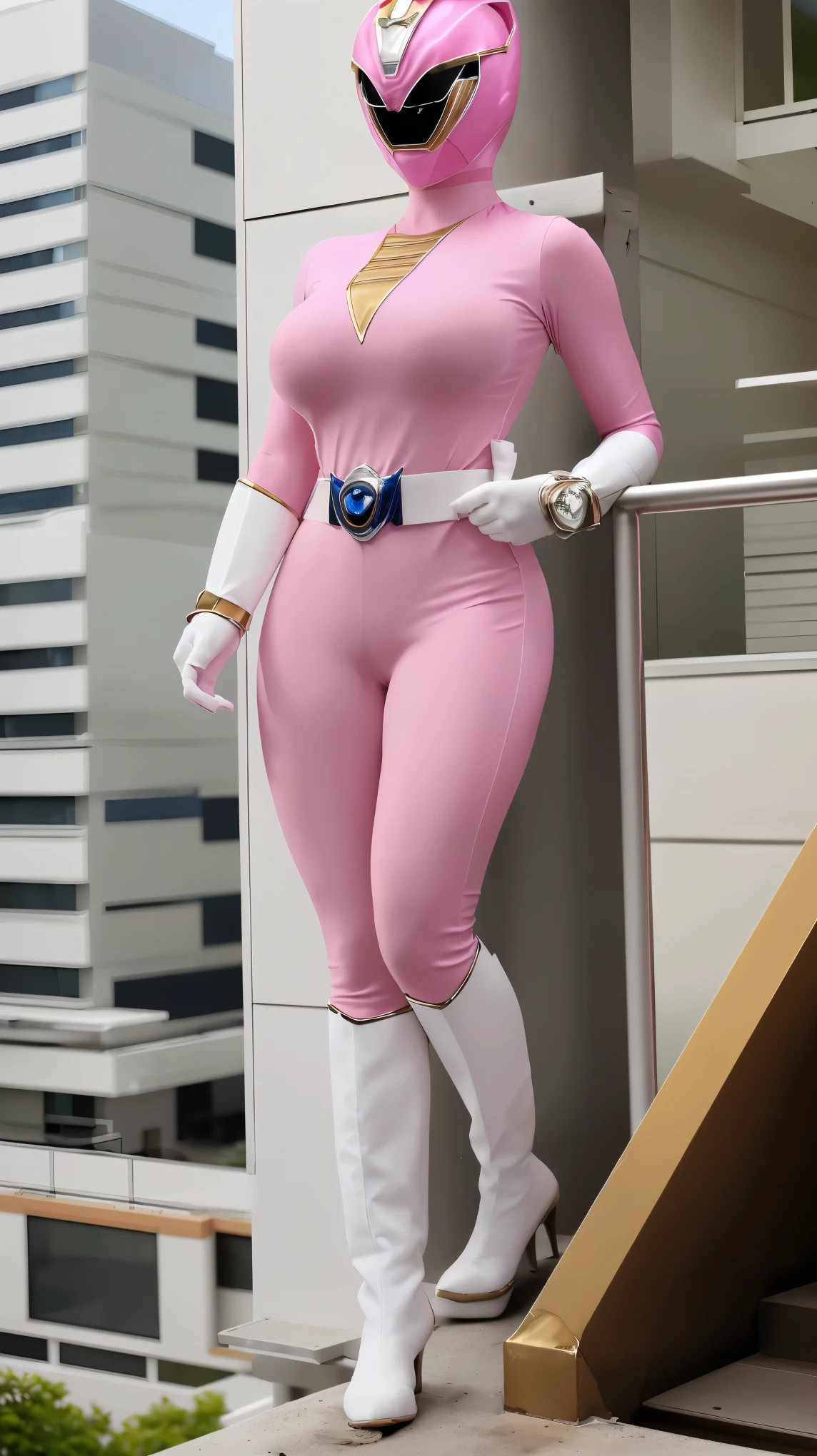 (8K、ultra high resolution、highest quality、masterpiece、realistic、ultra high resolution)、(((Must be female、Always shiny enamel pink Power Rangers、Must have big breasts、pretty big breasts、toned body))A full-face helmet that ensures that your face and hair are not exposed.、Must be a shiny enamel pink full body suit、big emblem on the chest:1.3)(very shiny helmet and suit)、action pose、(Must be indoors in a high-rise building)