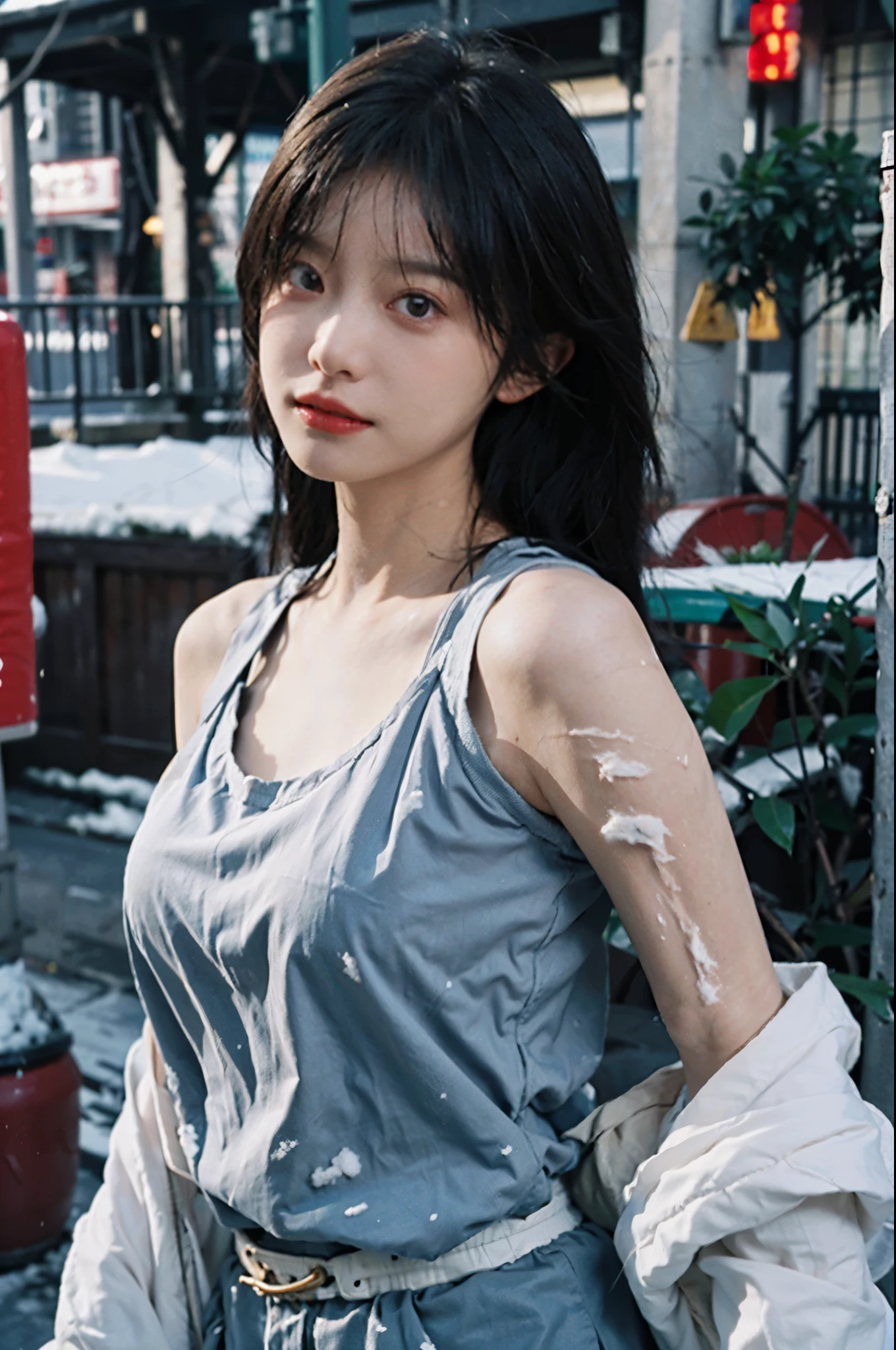 Film portrait photography, 2 girls, 2 girls,twin,bare shoulders,, Snow white sling,Big breasts ,(Realistic and detailed eyes, natural skin texture, Realistic facial details),, depth of field, Bokeh, Vibrant details, Detailed and detailed, Surrealism, 35mm film, hazy, ,Selfie,