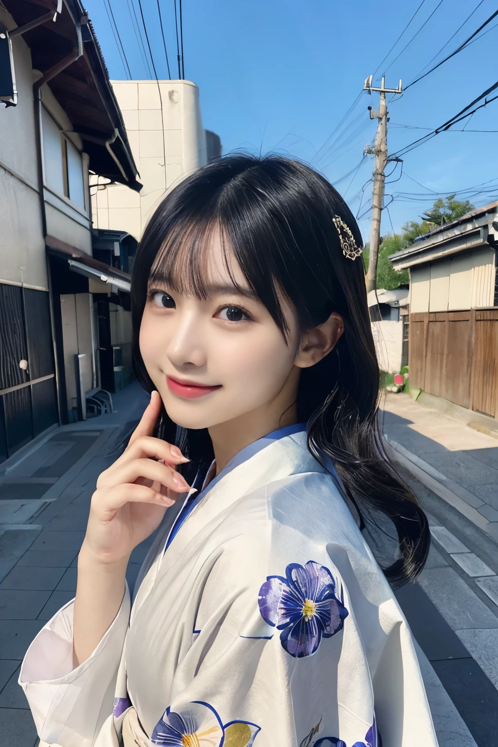 （(kimono)）、(22 years old)、cowboy shot、claw pose、(highest quality,masterpiece:1.3,超A high resolution,),(super detailed,caustics),(Photoreal:1.4,RAW shooting,)ultra-realistic capture,very detailed,High resolution 16K human skin close-up、 The texture of the skin is natural、、Skin looks even-toned and healthy、 Use natural light and color,1 girl,Japanese,,cute,black haired,middle hair,,smile,,(Depth of the bounds written、chromatic aberration、、wide lighting range、natural shading、)、stare at the camera