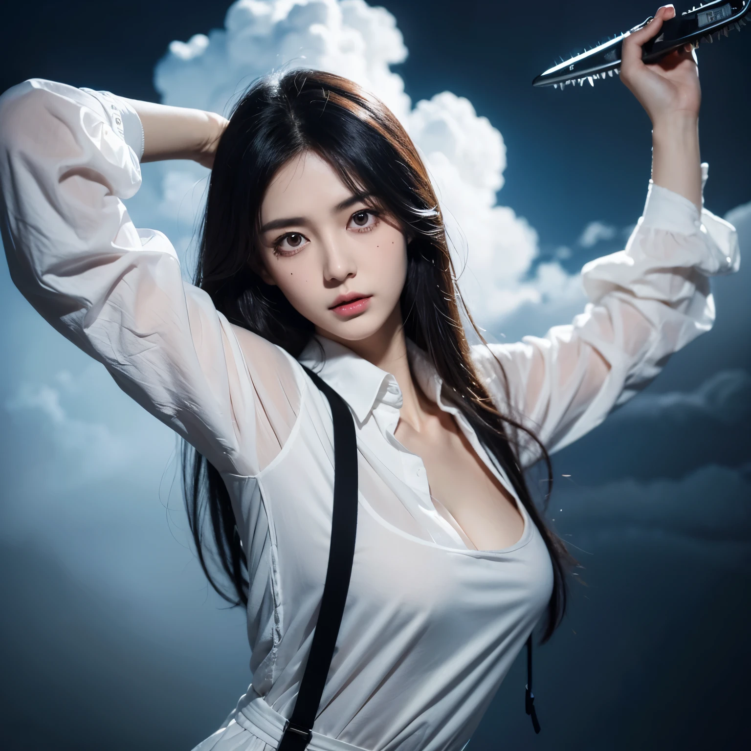 (surreal), (illustration), (high resolution), (8k), (Very detailed), (best illustration), night ( chainsaw man ), (美丽delicate eyes), (best quality), (Super detailed), (masterpiece), (wallpaper), (Detailed face), alone, Upper body, focus on face, 1 girl, long black hair, Korean, Thin eye shadow, delicate eyes, brown eyes, There is a small mole under the eye, Long-sleeved shirt, cervical arch,  big breasts, Half-exposed breasts，apron dress, dynamic poses, low lighting, night晚, dark, cloud, dark night晚