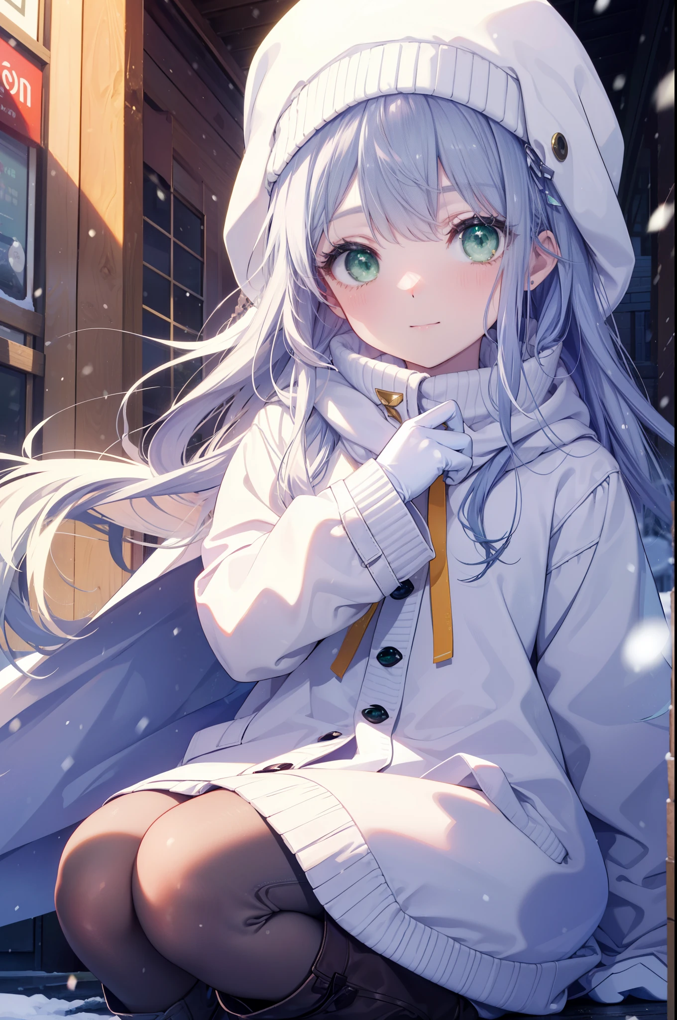 index, index, (green eyes:1.5), silver hair, long hair, (flat chest:1.2),blush,smile,red knit hat,white coat Front open,wearing white gloves,white sweater,Yellow muffler,white mini skirt,brown short boots,winter,It's snowing,that'It's snowing,cold sky,
break looking at viewer, whole body,
break outdoors, garden,
break (masterpiece:1.2), highest quality, High resolution, unity 8k wallpaper, (shape:0.8), (fine and beautiful eyes:1.6), highly detailed face, perfect lighting, Very detailed CG, (perfect hands, perfect anatomy),