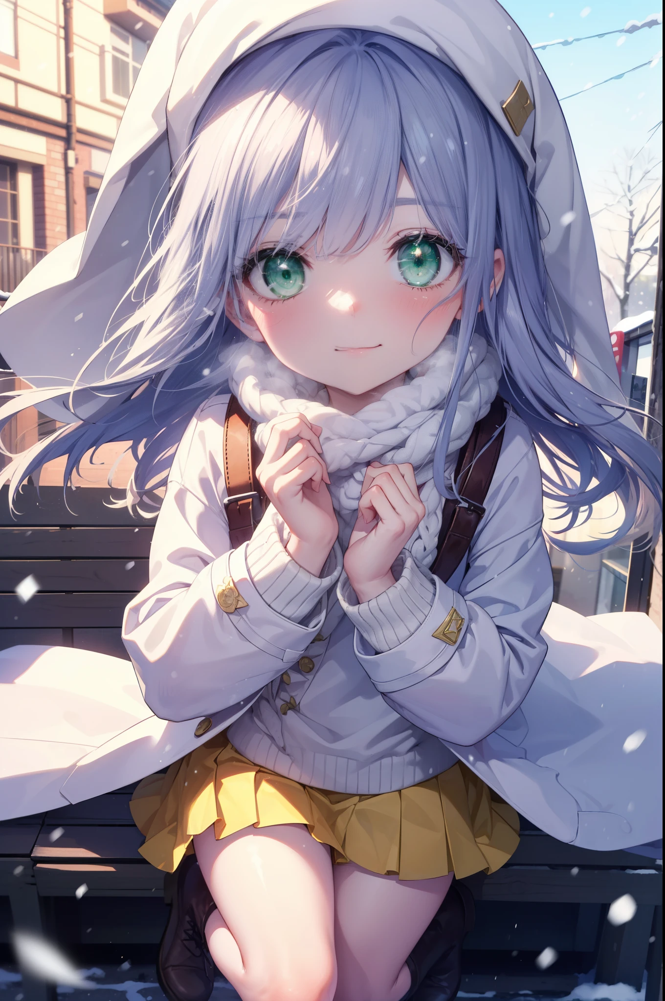 index, index, (green eyes:1.5), silver hair, long hair, (flat chest:1.2),blush,smile,red knit hat,white coat　Front open,wearing white gloves,white sweater,Yellow muffler,white mini skirt,brown short boots,winter,It&#39;s snowing,that&#39;It&#39;s snowing,cold sky,
break looking at viewer,  whole body,
break outdoors, garden,
break (masterpiece:1.2), highest quality, High resolution, unity 8k wallpaper, (shape:0.8), (fine and beautiful eyes:1.6), highly detailed face, perfect lighting, Very detailed CG, (perfect hands, perfect anatomy),