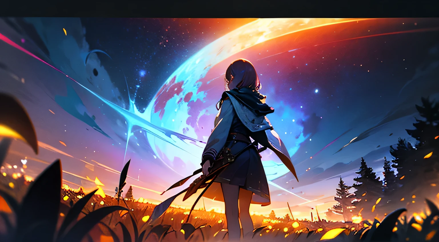 LANDSCAPE PHOTO (SEEN FROM BELOW, SKY ABOVE, FIELD BELOW), GIRL STANDING IN FLOWER GARDEN LOOKS UP (FULL MOON: 1.2), (METEOR: 0.9), (NEBULA: 1.3), DISTANT MOUNTAINS, TREES BREAK CRAFTING ART, (WARM LIGHT: 1.2), (FIREFLY: 1.2), LIGHTS, LOTS OF PURPLE AND ORANGE, INTRICATE DETAILS, VOLUMETRIC LIGHTING BREAK (MASTERPIECE: 1.2), ( Best Quality), 4K, Ultra Detailed, (Dynamic Composition: 1.4), Rich in Detail and Coridescent: 1.2), (Glow, Atmospheric Lighting), Dreamy, Magical, (Solo: 1.2)
