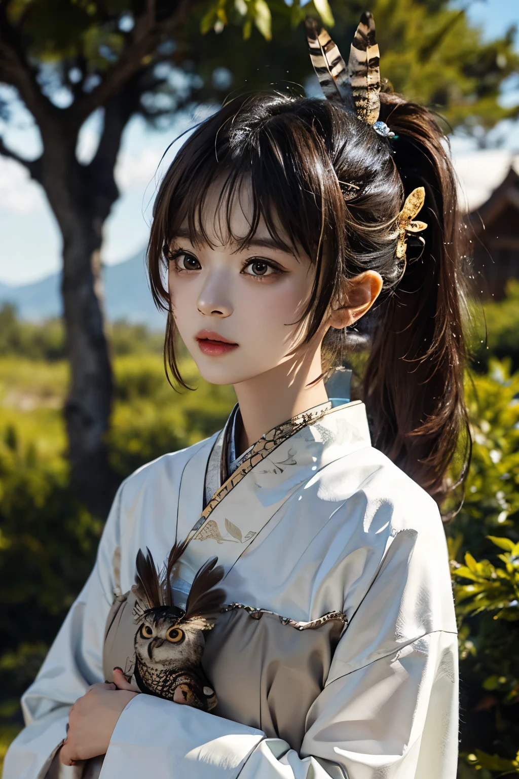 Nanashi Mumei, Owl Girl, Beautiful Girl, age 20, brown ponytail long hair, feather hair ornament, tree house background