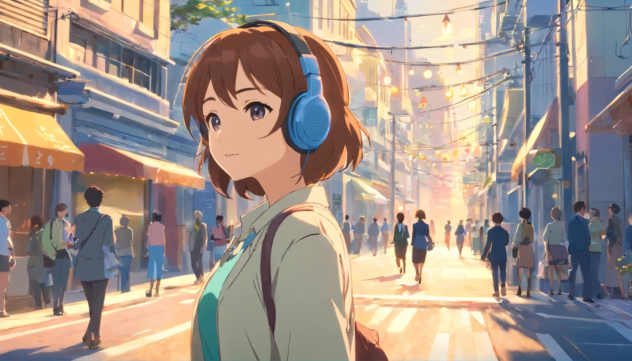 Woman wearing headphones、walking around town、In attendance、business casual attire、bustling street、morning、sunny