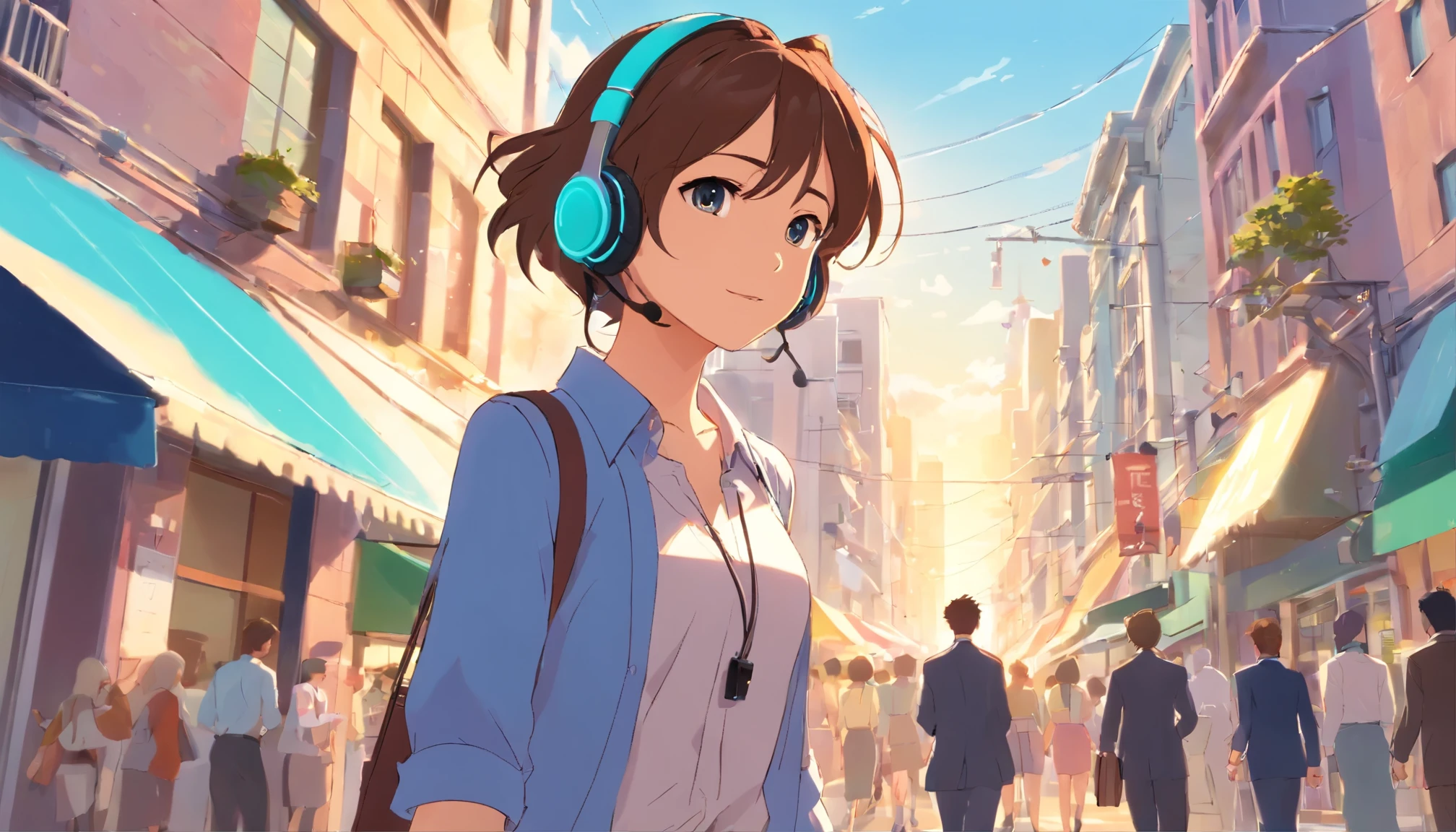 Woman wearing headphones、walking around town、In attendance、business casual attire、business district、morning、sunny