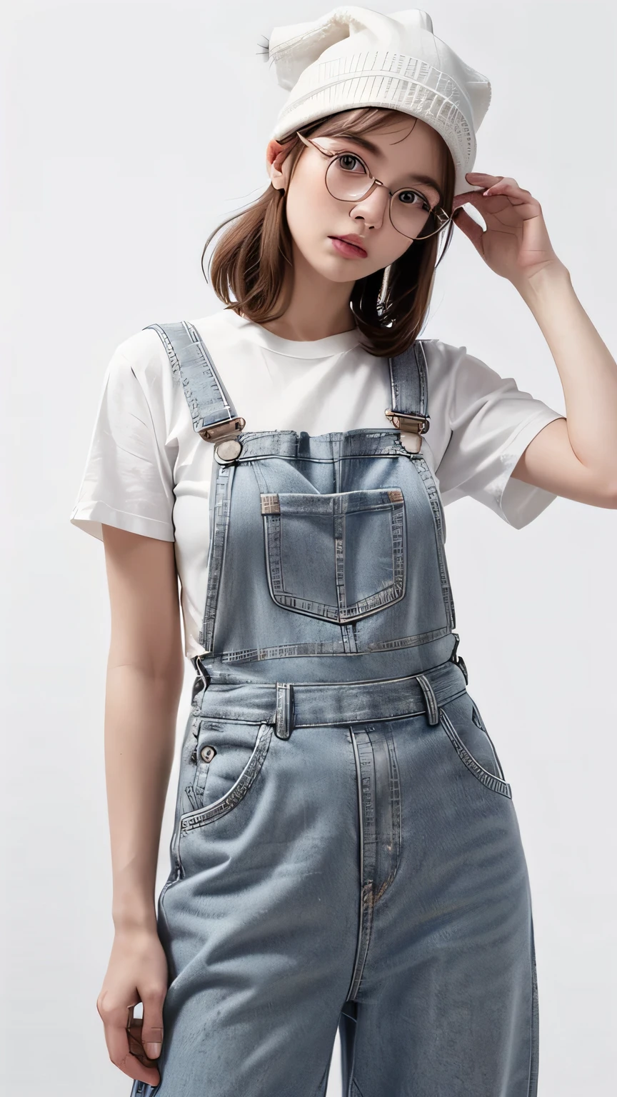 (highest quality, High resolution, masterpiece :1.3), beautiful adult woman, ((pure white background)), (Wearing overalls, wearing a white shirt, wear wide pants, wear sneakers, wearing a knitted hat, round glasses), (Loose wavy white bob hair), ((Accurately express details such as faces and skin textures)), take a pose, avert your eyes,