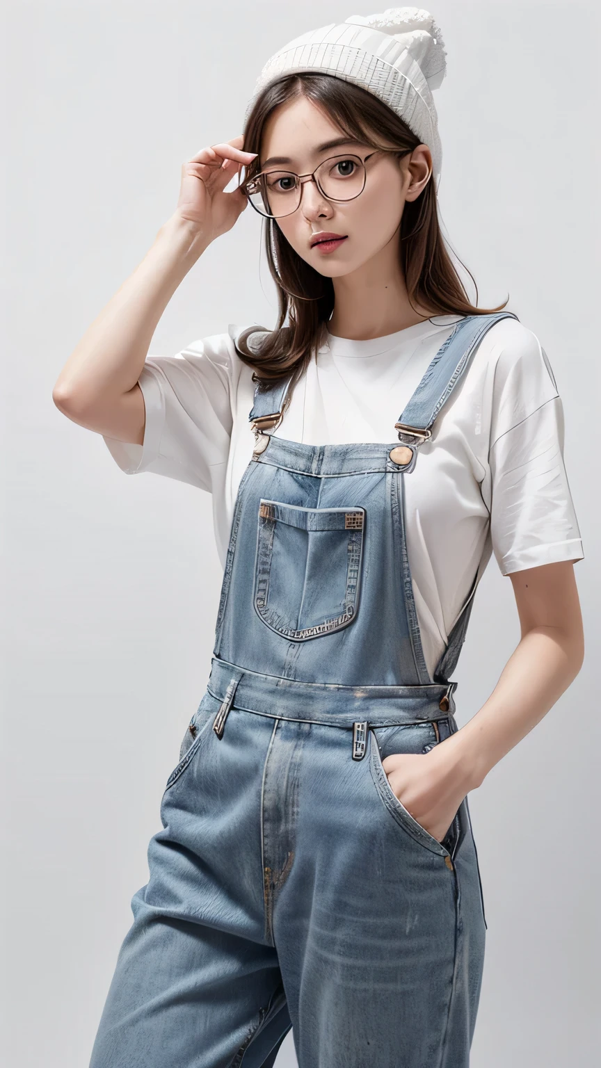 (highest quality, High resolution, masterpiece :1.3), beautiful adult woman, ((pure white background)), (Wearing overalls, wearing a white shirt, wear wide pants, wear sneakers, wearing a knitted hat, round glasses), (Loose wavy white bob hair), ((Accurately express details such as faces and skin textures)), take a pose, avert your eyes,