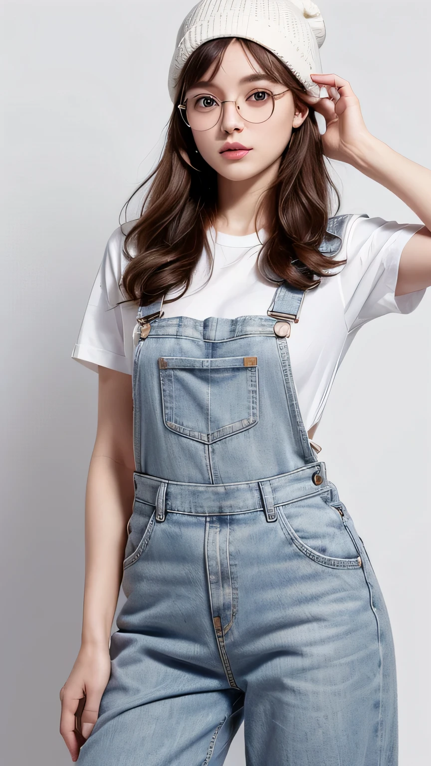 (highest quality, High resolution, masterpiece :1.3), beautiful adult woman, ((pure white background)), (Wearing overalls, wearing a white shirt, wear wide pants, wear sneakers, wearing a knitted hat, round glasses), (Loose wavy white bob hair), ((Accurately express details such as faces and skin textures)), take a pose, avert your eyes,