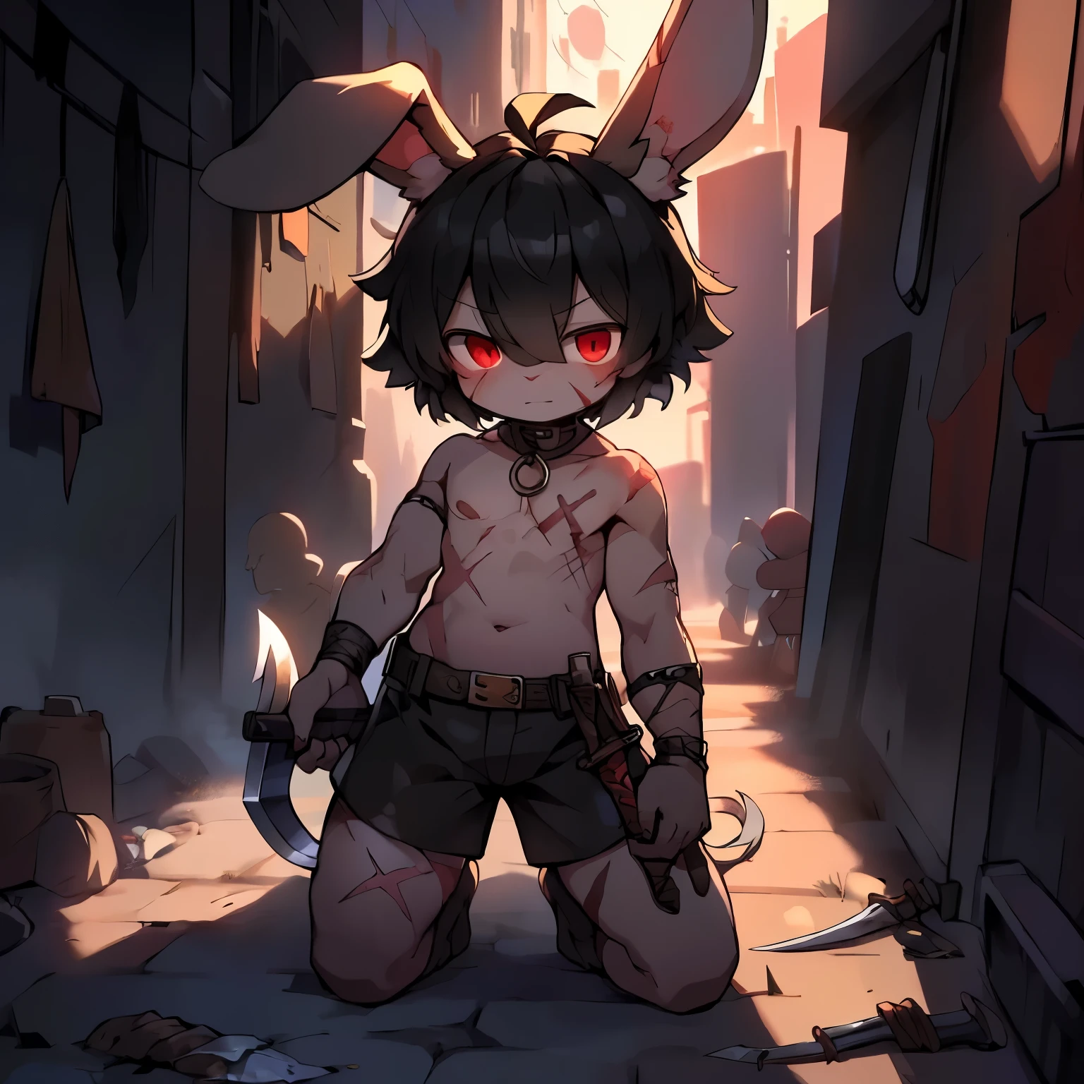 best quality，masterpiece，((the only person))，((Own))，furry，kemono，shorts，socks，belt，leg rings，(short and small)，（)，((straight ear))，((black hair，no ears，Rabbit facial features，Rabbit physical characteristics))，red eyes，Shota，juvenile（rabbit tail），so cute，kawaii，（chocolate belly），(Chocolate body hair，chocolate legs），（Rabbit feet），alley，sickle，dagger，scar，Covered with bruises，paw，Pad，hand weapon