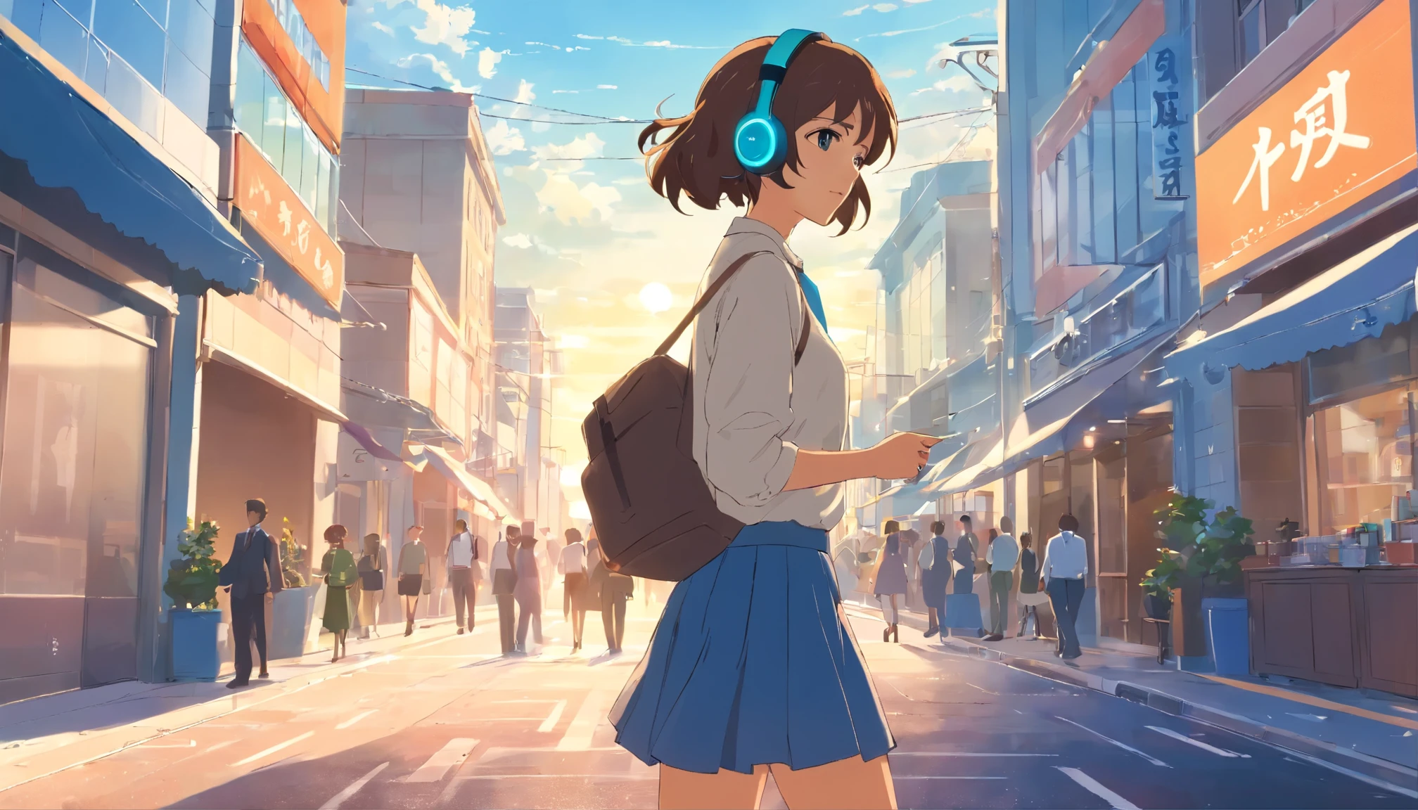 Woman wearing headphones、walking around town、In attendance、business casual attire、business district、noon、Clear skies
