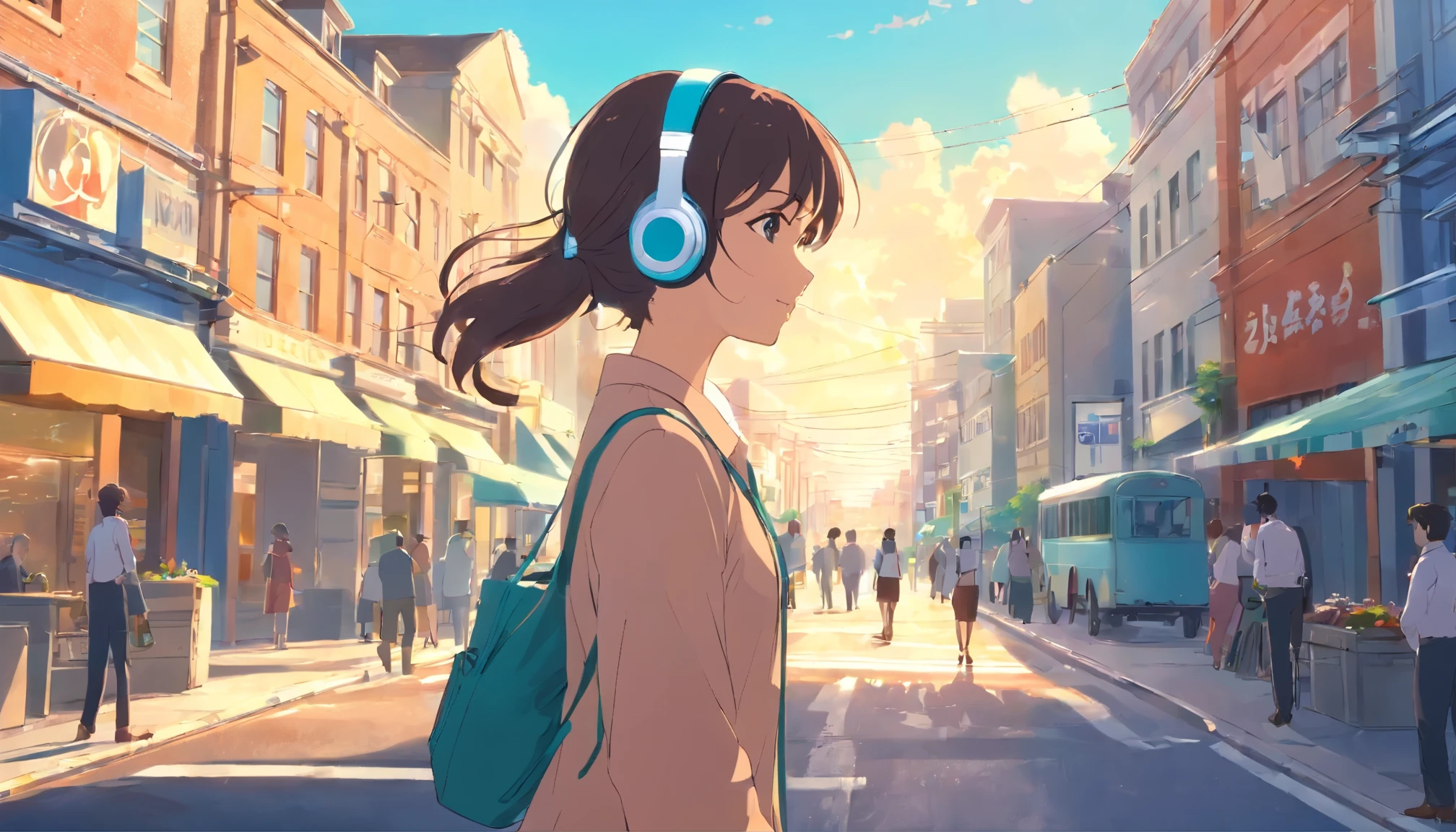 Woman wearing headphones、walking around town、In attendance、business casual attire、business district、noon、Clear skies、blue sky、refreshing