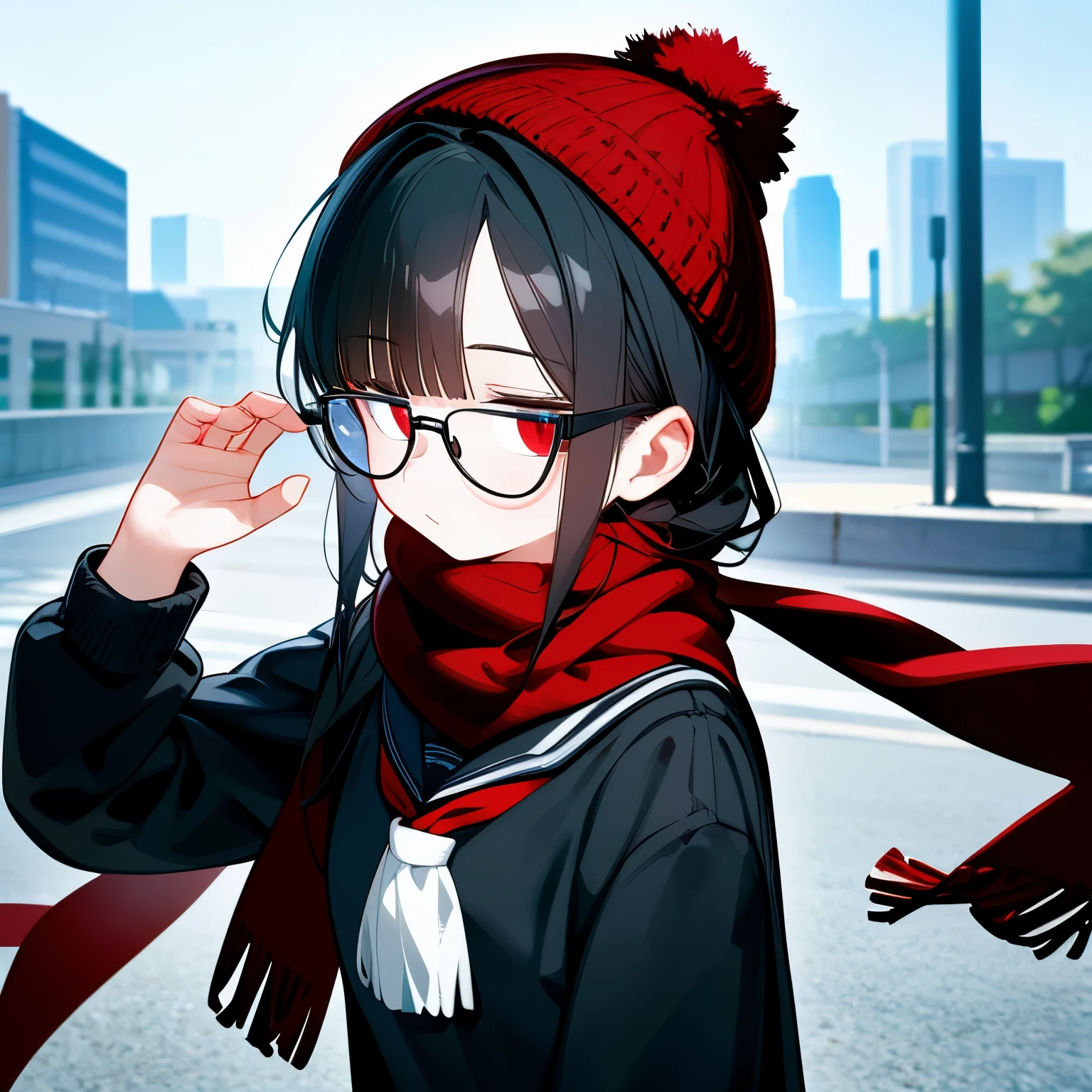 (masterpiece), best quality, expressive eyes, perfect face, red eye, black beanie, cut black hair, black scarf, black school uniform, short skirt, Round Glasses Black, standing, upper body,