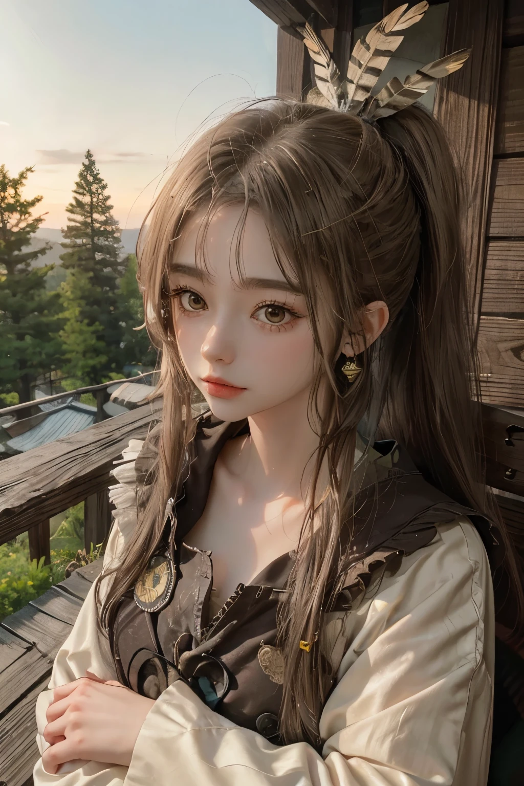 Nanashi Mumei, Owl Girl, Beautiful Girl, age 20, brown ponytail long hair, feather hair ornament, tree house background