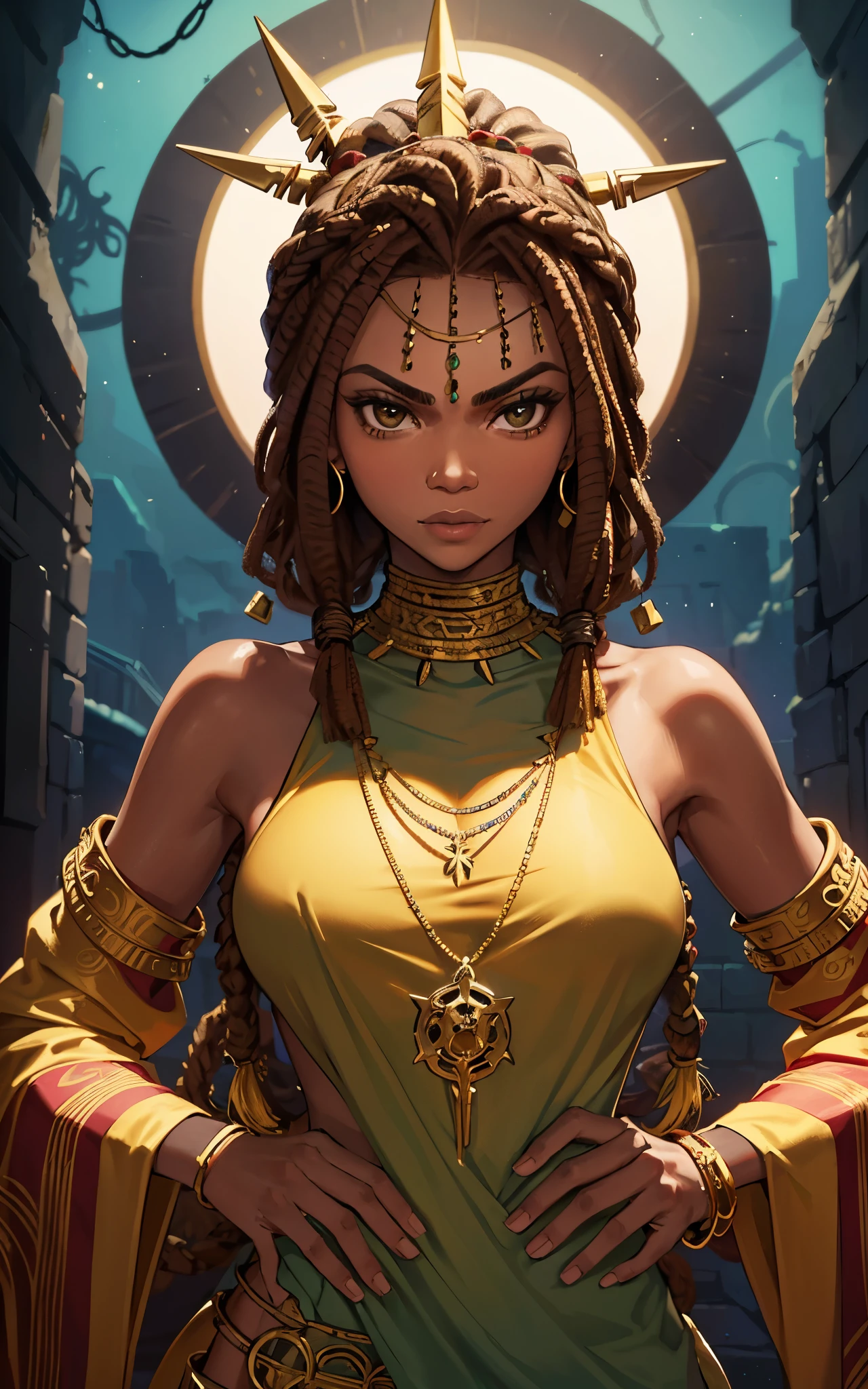 (Zendaya:Halle Berry) dressed like a nigerian chaman, red green and yellow sleeveless tunic, (high top fade haircut and dreads) tribal tattoo in the face, (golden rings necklace), Lovecraft atmosphere, masterpiece, hyperdetailed