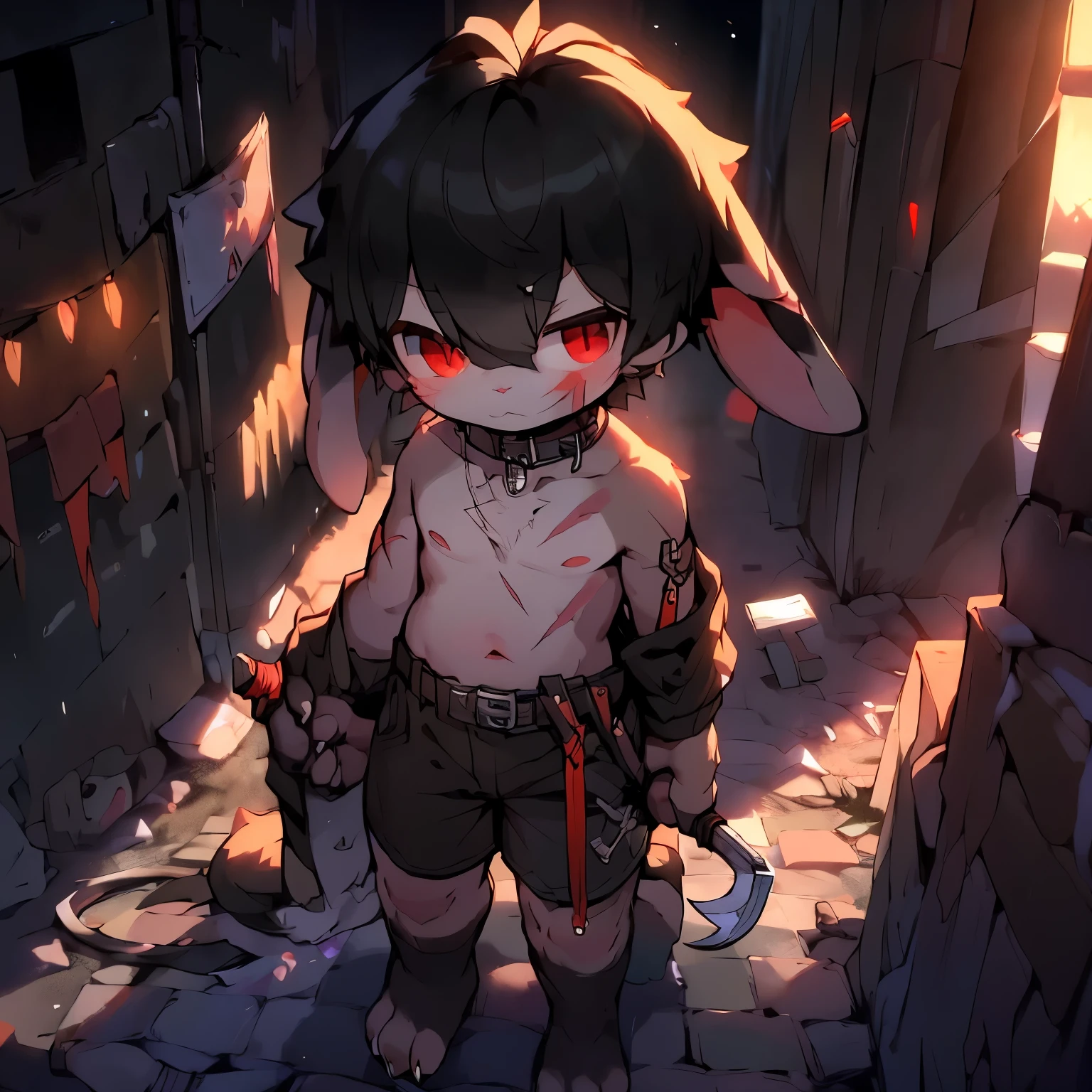 best quality,masterpiece,((the only person)),((Own)),furry,kemono,shorts,socks,belt,leg rings,(short and small),(little boy),((straight ear)),((black hair,no ears,Rabbit facial features,Rabbit physical characteristics)),red eyes,Shota,juvenile(rabbit tail),so cute,kawaii,(chocolate belly),(Chocolate body hair,chocolate legs),(Rabbit feet),alley,sickle,dagger,scar,Covered with bruises,paw,Pad,hand weapon,collar