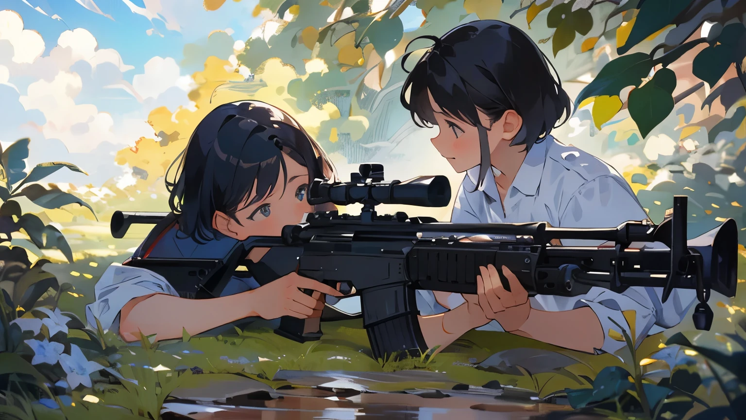 best quality,masterpiece,1girl,military_uniform,short hair,black hair,earphones,helmet,Lying face down in the jungle and sniping with a sniper rifle