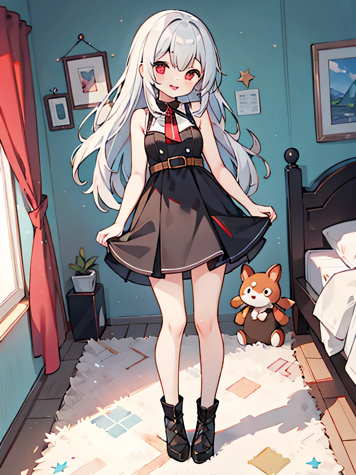 anime, 1 girl, full body, silver hair, red eyes, long hair, small breasts, in bedroom, standing, smiling, masterpiece, best quality