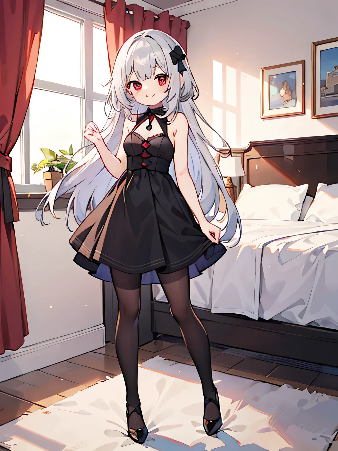 anime, 1 girl, full body, silver hair, red eyes, long hair, small breasts, in bedroom, standing, smiling, masterpiece, best quality