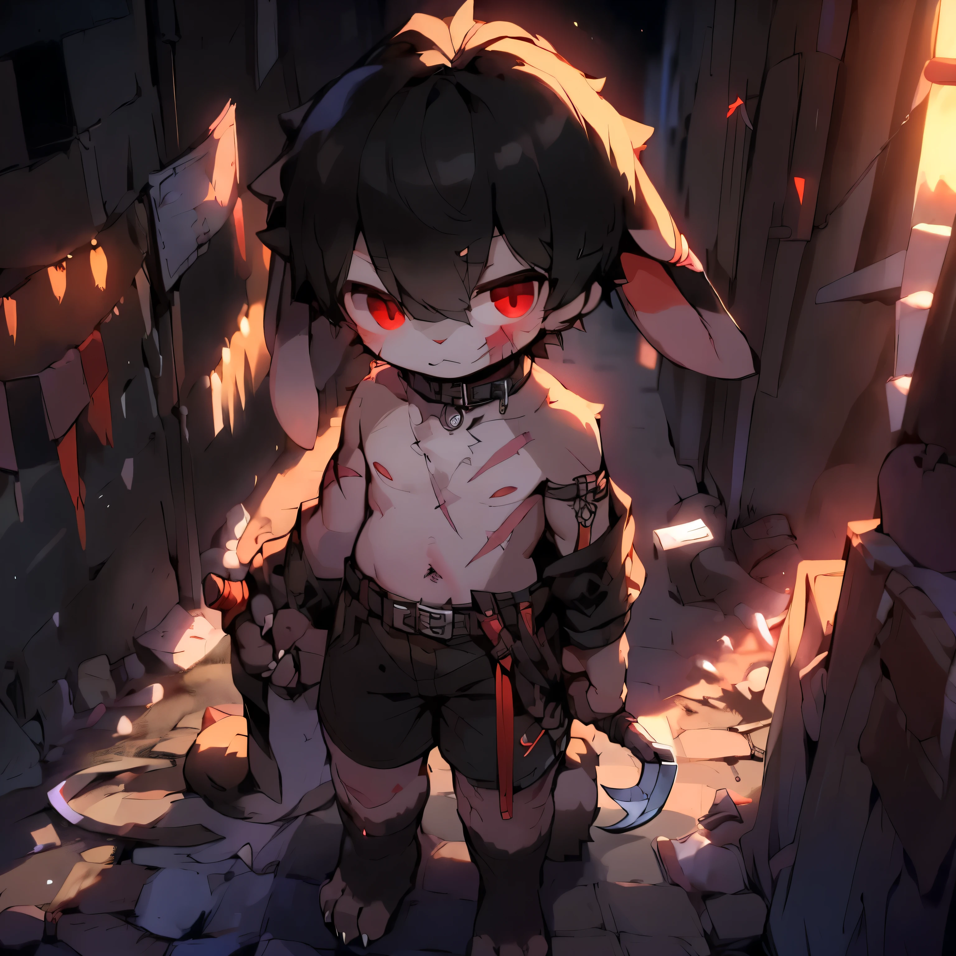 best quality,masterpiece,((the only person)),((my own)),hairy,Kanno,shorts,sock,belt,leg rings,(short),(),((straight ear)),((black hair,no ears,Rabbit facial features,Rabbit physical characteristics)),red eyes,Shota,juvenile(rabbit tail),so cute,kawaii,(chocolate belly),(Chocolate body hair,chocolate legs),(Rabbit feet),alley,sickle,dagger,scar,Covered in bruises,paw,Upholstered,hand weapon,collar