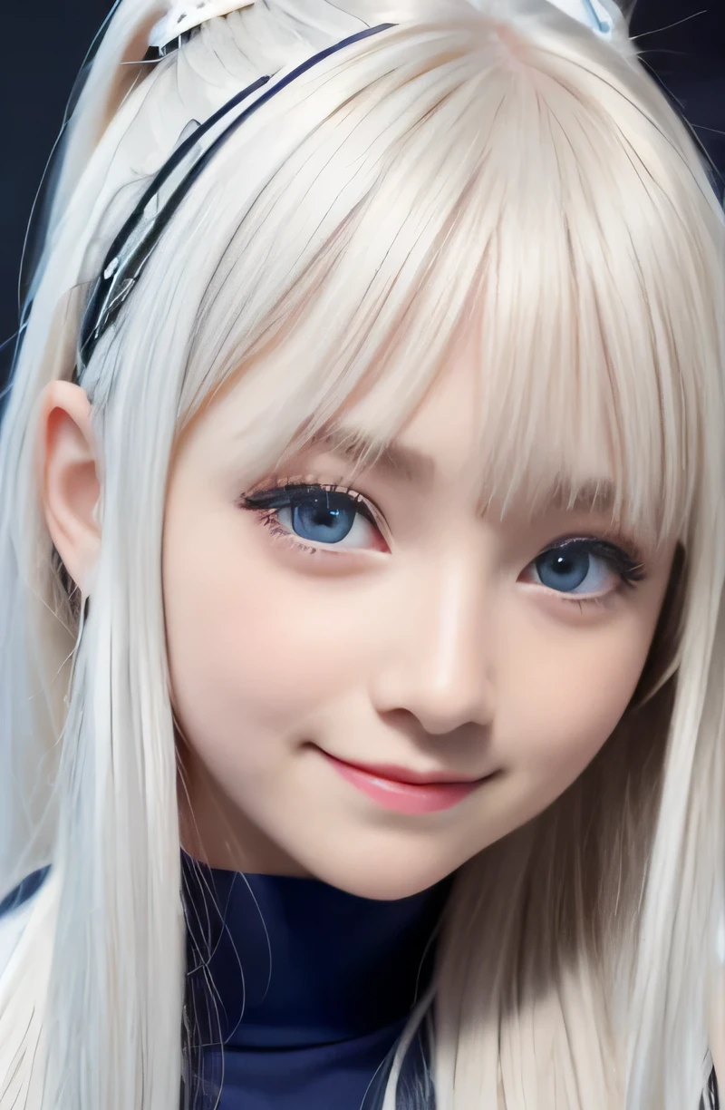 bright look, photorealism, highest quality, Super A high resolution, picture, The most beautiful photos of Nordic girls, cute and beautiful face details, small face, (smile shyly:1.4), (Pueros face_v1:0.008), beautiful bangs, alice in wonderland, , White and shiny skin, Pigtails, Bangs that extend to the face, by bangs, hair between eyes, super long hair, Attractive, silky, super long platinum blonde hair, thin hair, Charming shining beauty bright clear light blue big eyes, (big round eyes, droopy eyes:1.4), school uniform,  eyeliner, double eyelid, crisp chest