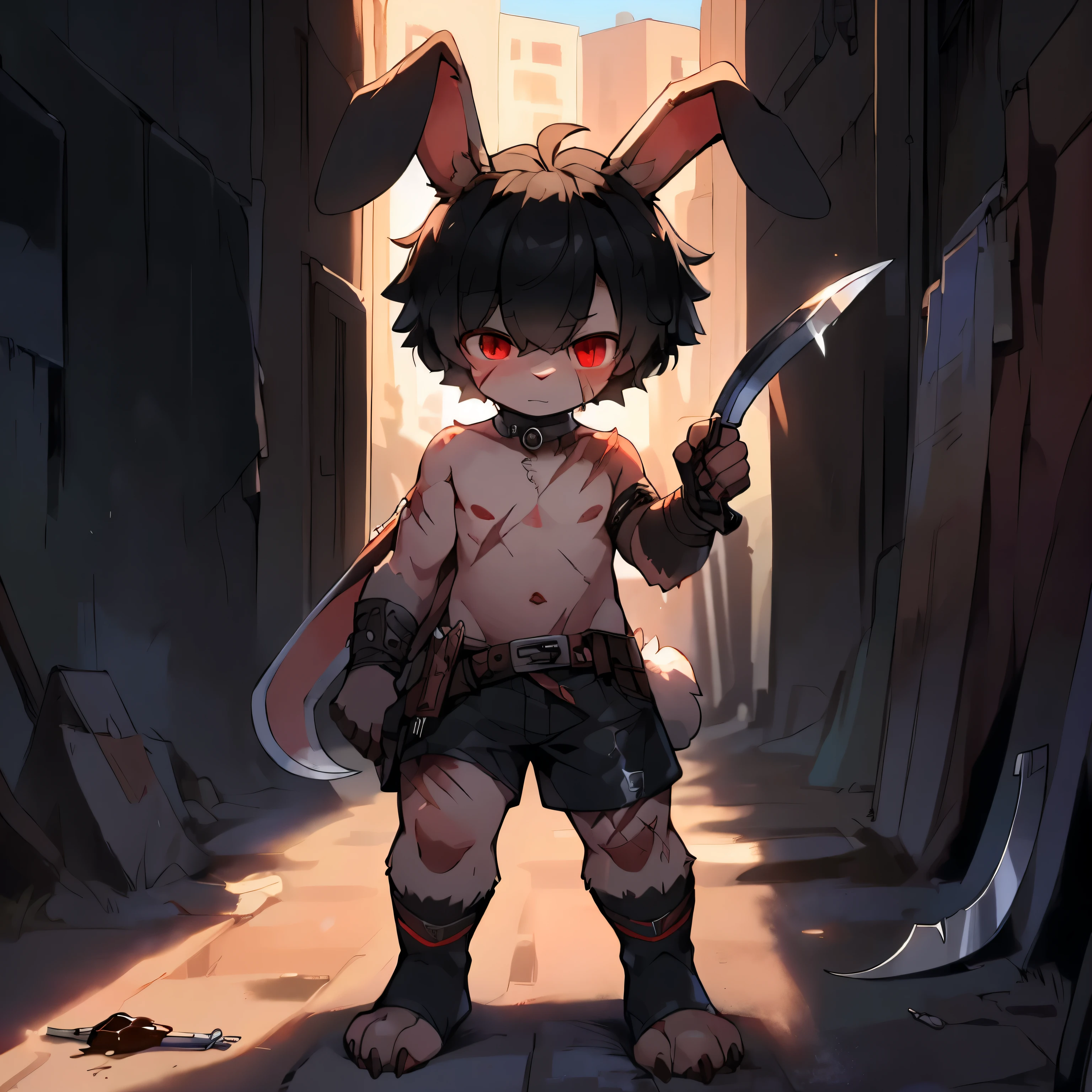 best quality，masterpiece，((the only person))，((my own))，hairy，Kanno，shorts，sock，belt，leg rings，(short)，（)，((straight ear))，((black hair，no ears，Rabbit facial features，Rabbit physical characteristics))，red eyes，Shota，juvenile（rabbit tail），so cute，kawaii，（chocolate belly），(Chocolate body hair，chocolate legs），（Rabbit feet），alley，sickle，dagger，scar，Covered in bruises，paw，Upholstered，hand weapon