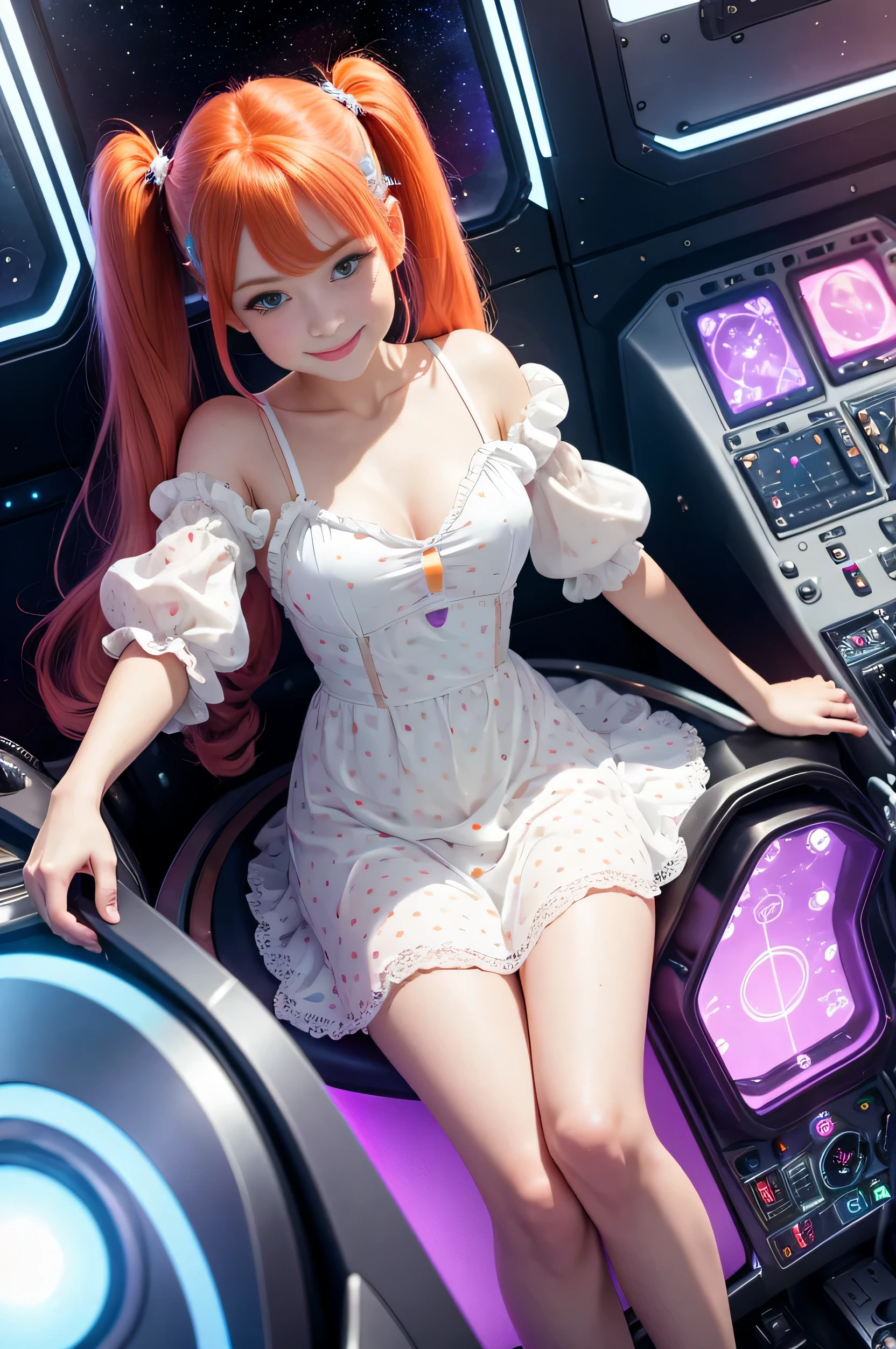 (overhead view) Cute redhead with rainbow colored hair tips, ribbons in her hair, 18-year-old woman, happy, smiling, in twin tails, perfect eyes, clear sparkling blue eyes, pale skin, silky smooth white skin, alabaster skin, flying a fancy metal luxurious space ship, futuristic cockpit, she's a pilot, outer space seen in windows, dark warm lighting, wearing a futuristic (chemise) party dress, low cut top, pleated (chemise) mini dress (pastel rainbow colors, and polka dots), puffy sleeves, ((also wearing tan pantyhose on her legs: 1.2)).