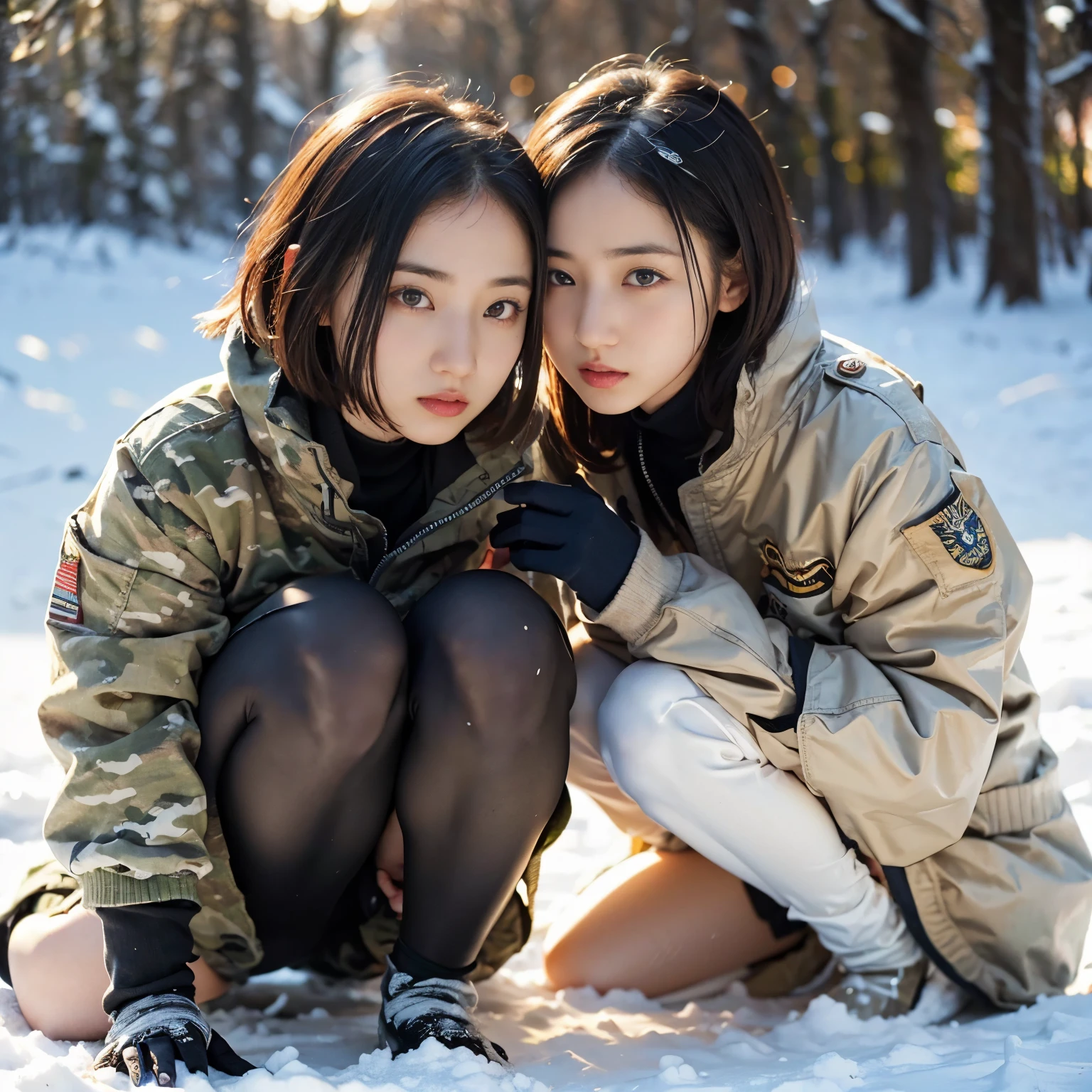 NSFW,highest quality,excellent details,ultra high resolution,japanese girl,3 people,hug each other,looking at the camera,smile,long sleeve,Down jacket,Knee-high boots,I can see her pussy,shaved pussy,thighs,snow,sit,raise your legs