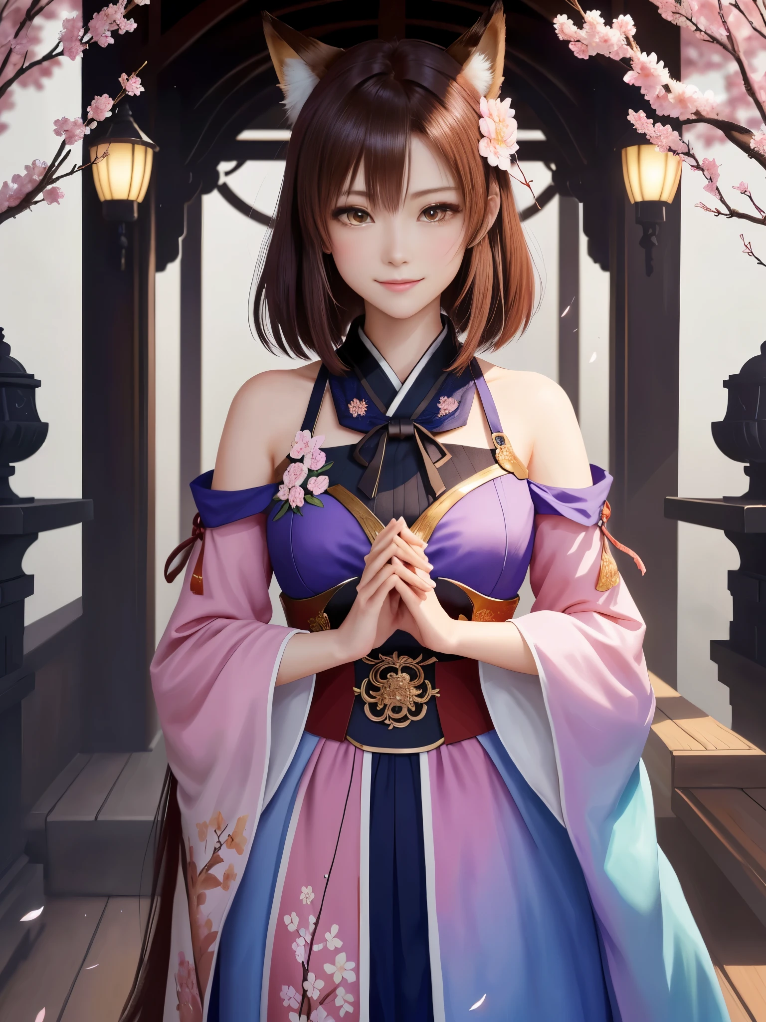 masterpiece , best quality,close up of face,smile,the whole body is facing forward,shoulder exposure,bright brown hair,slender body shape,brown eyes,sharp contrast,short hair,美しいフォルムのshort hair,just one person,precision quality,Faithfully reproduced eyes, 一面に咲くcherry blossom background,masterpiece, 幻想的なcherry blossom background,cherry blossom background,beautiful details, colorful, delicate details, delicate lips, intricate details, genuine, ultrargenuineista, 枝に座っている色とりどりの髪のFoxを持つ女の子:Mature, bright eyes, ,色とりどりのFox, raposa de nine tails, 三尾Fox, 三尾Fox, onmyoji detail art, beautiful fine art illustration, mythical creatures, Fox, beautiful digital art,shrine maiden,hold hands,exquisite digital illustration, mizutsune, Inspired by mythical wild web creatures, pixiv in digital art, shining light, high contrast, Mysterious,