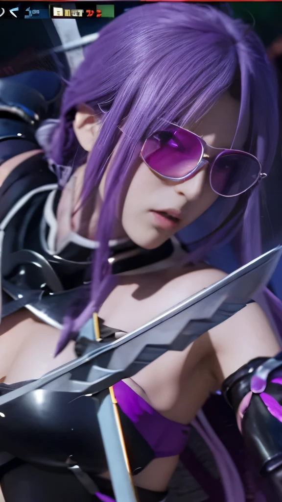 anime girl with purple hair and purple glasses holding a sword, shalltear from overlord, screenshot from a 2012s anime, she is holding a sword, screenshot from the anime film, wearing dark purple armor, purple armor, katanas strapped to her back, screenshot from guro anime, albedo from the anime overlord