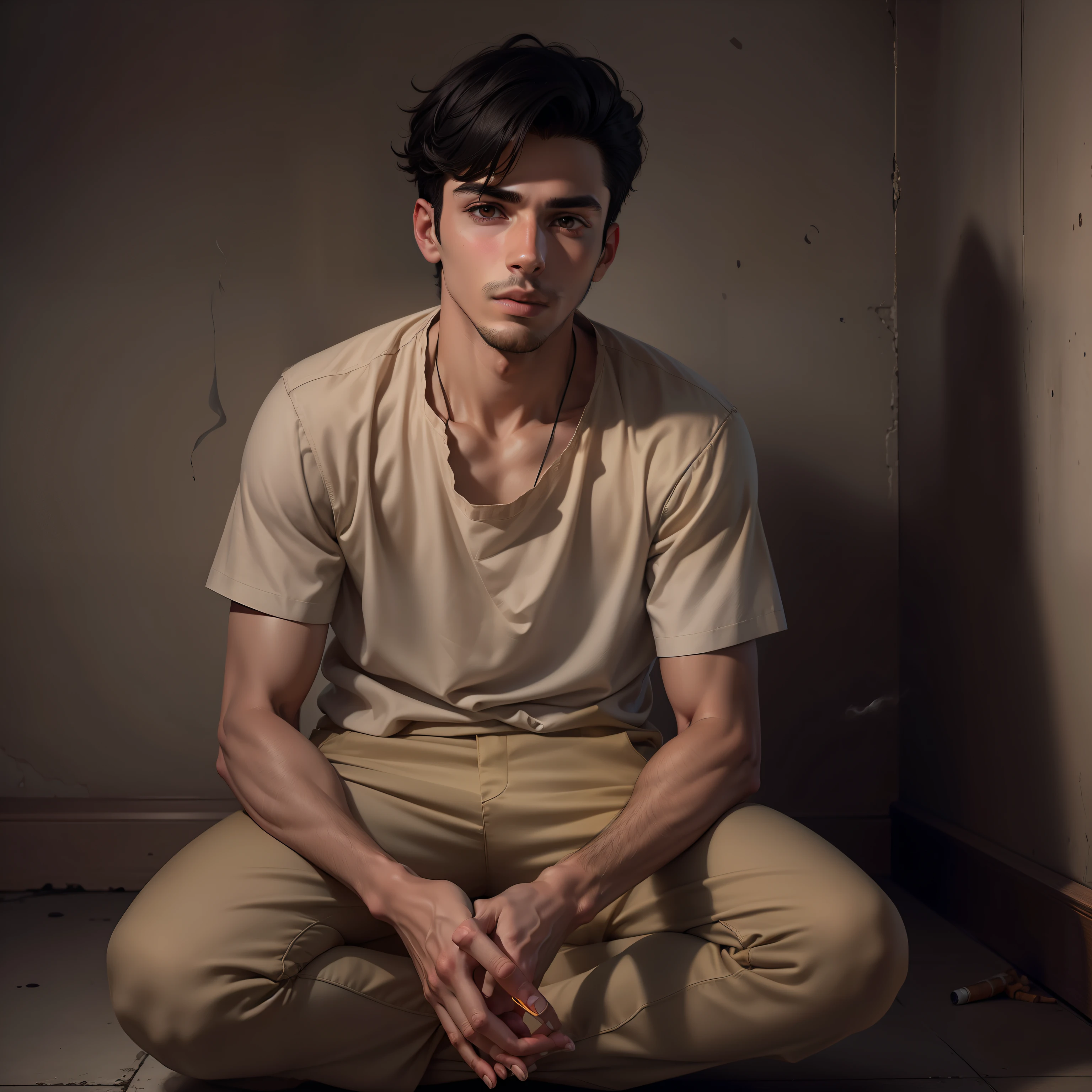 ultra realistic image of a 25 year old man, short black hair, dressed in a beige blouse and beige pants, sitting on the floor of a small dark room, holding an unlit cigarette, dirty fingernails