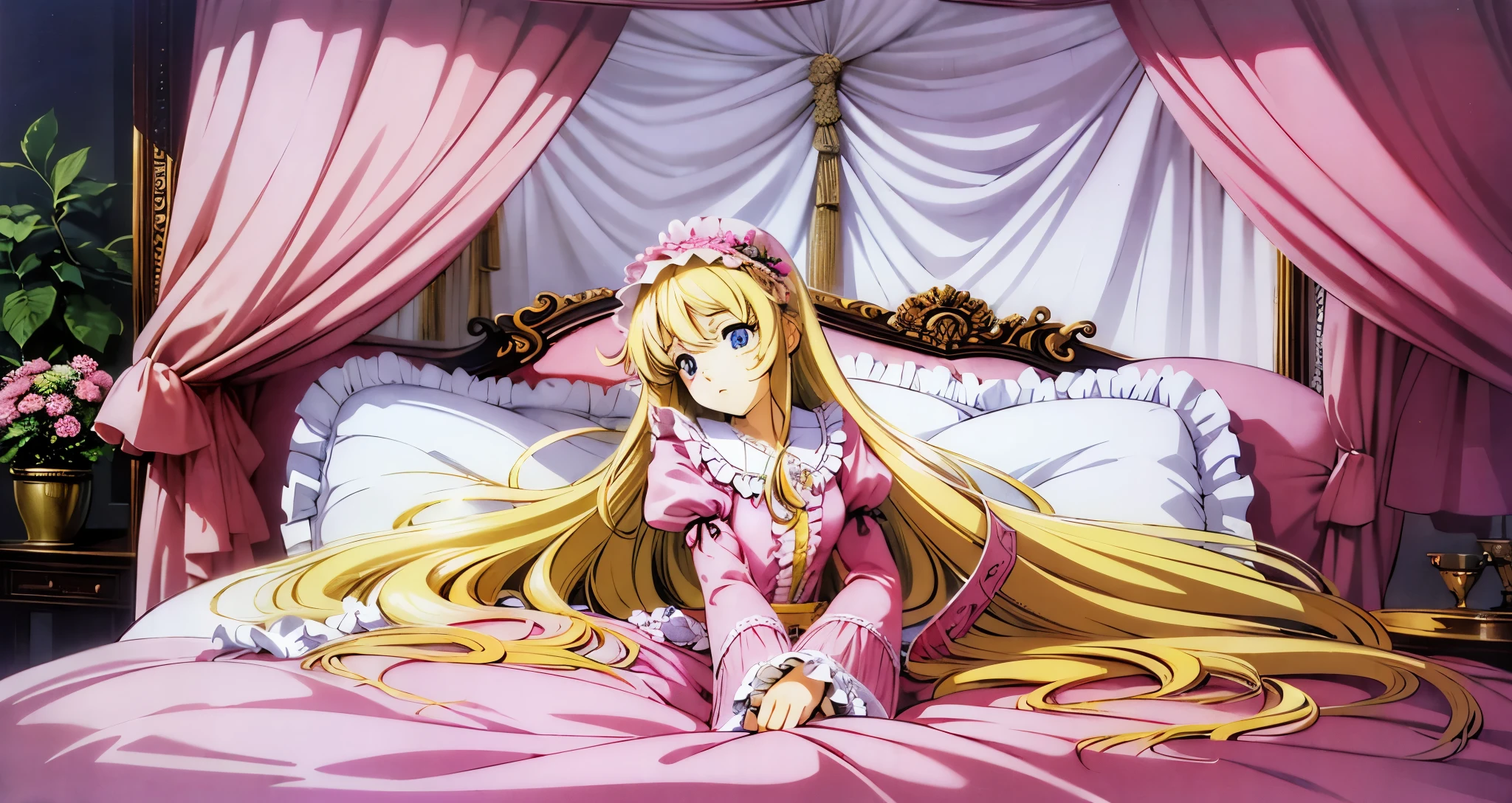 ,highest quality, masterpiece, highest resolution, artwork, super それにget used to it, many get used to it, get used to it, それにget used to it, 3K anime illustration,(( 10 year old girl)),Super detailed baby face,high quality small face,long blonde hair that grows to the waist,blue eyes,白い肌のeuropean,pajamas, european,(((super long blonde hair))),curly hair,blue eyes,((((ピンクのロリータファッションのlong skirtのワンピースドレス)))),((Pink dress with plenty of frills and ribbons)),((Luxurious headdress with frills and ribbons)),Detailed headdress,,(((big yoke collar))),Yoke collar with ruffles and ribbons,((((long sleeve)))),ruffle sleeves,((((long skirt)))),white ruffle and lace socks,large frill and ribbon pillow,(((fine pink costume))),豪華なcanopy bedの上,canopy bed,The bed is surrounded by luxurious curtains,many frilly pillows on the bed,A lot of frilly pillows behind the girl,super detailed background,detailed bed,soft pink comforter,Super detailed soft ruffle pillow,Beautiful girl illustration,detailed beautiful face,detailed hair,detailed eye ,detailed eyes,Detailed eye highlights,detailed mouth, arm details,fine hands,Detailed pillow,wide bed,Illustration on the bed, ,((((round futon)))),((((A large ruffled futon that covers the entire bed)))),detailed comforter,detailed bedシーツ,Before bedtime,romantic atmosphere,palace bedroom,((((The lower half of the body is hidden under the futon and the puffy skirt...)))) The girl is leaning on a pile of pillows, ,((((round futon)))),((((A large futon with frills that covers the entire bed)))),