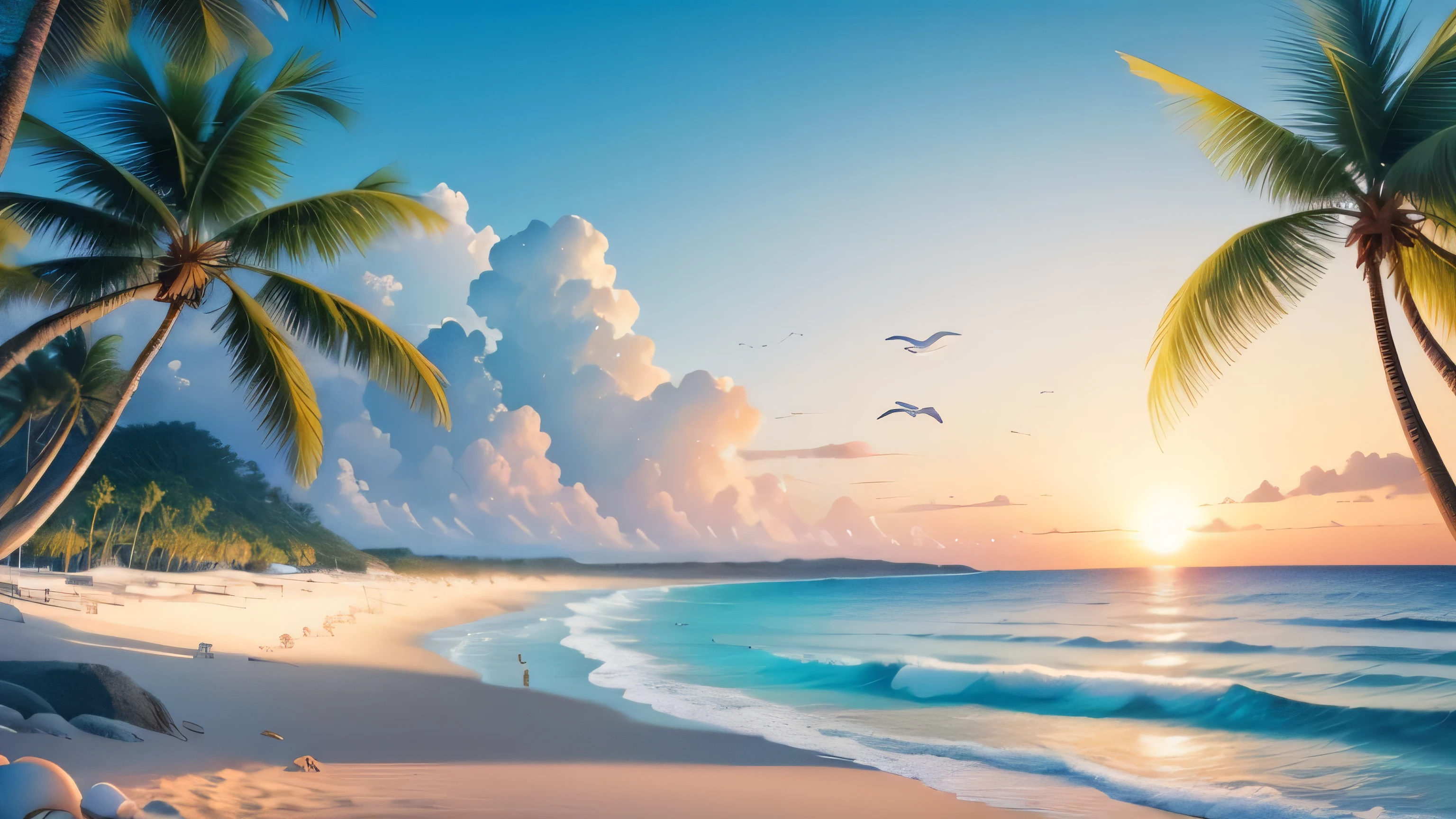 (best quality,4k,ultra-realistic,very detailed),beautiful beach, sandy shore, crystal clear water, gentle waves, colorful seashells, palm trees, clear blue sky, warm sunlight, distant horizon, peaceful atmosphere, serene landscape, relaxing vibes, summer paradise, tranquil escape, tropical paradise, coastal beauty, breathtaking view, seagulls soaring, soft ocean breeze, white sand, sparkling coastline, endless ocean, coastal cliffs, vibrant marine life, picturesque scenery, idyllic beachfront, golden sunset, soothing sounds of waves, inviting turquoise water