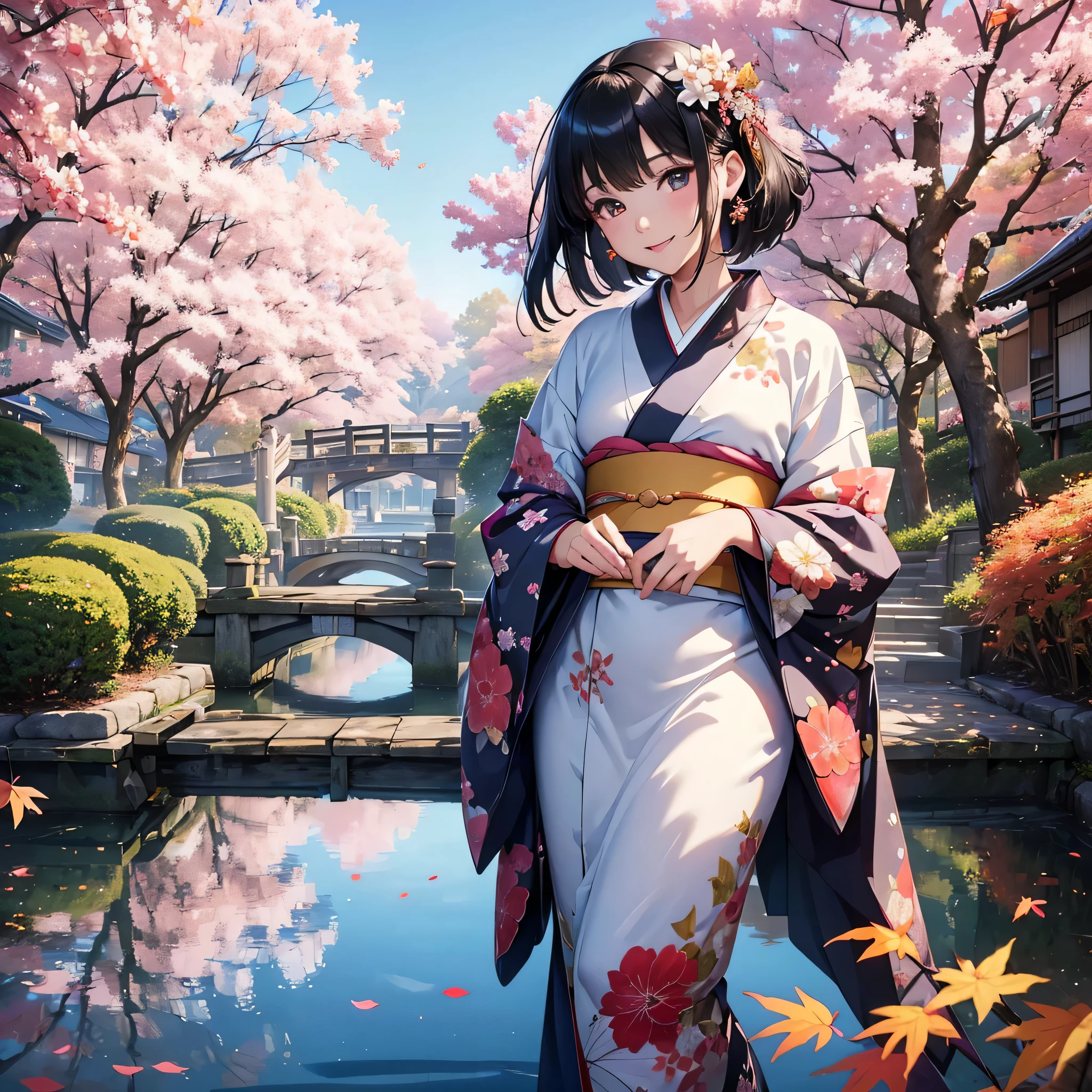 (Super beautiful woman in kimono)、((highest quality、8K masterpiece:1.3))、sharp focus:1.2、(super beautiful face:1.0)、(shiny skin:1.0)、realistic pictures、black haired、video writing、High resolution eyes and face、video writing、japanese actress、from the front、Medium chest、with a happy smile、wearing a kimono、under the autumn leaves、highest grade obi