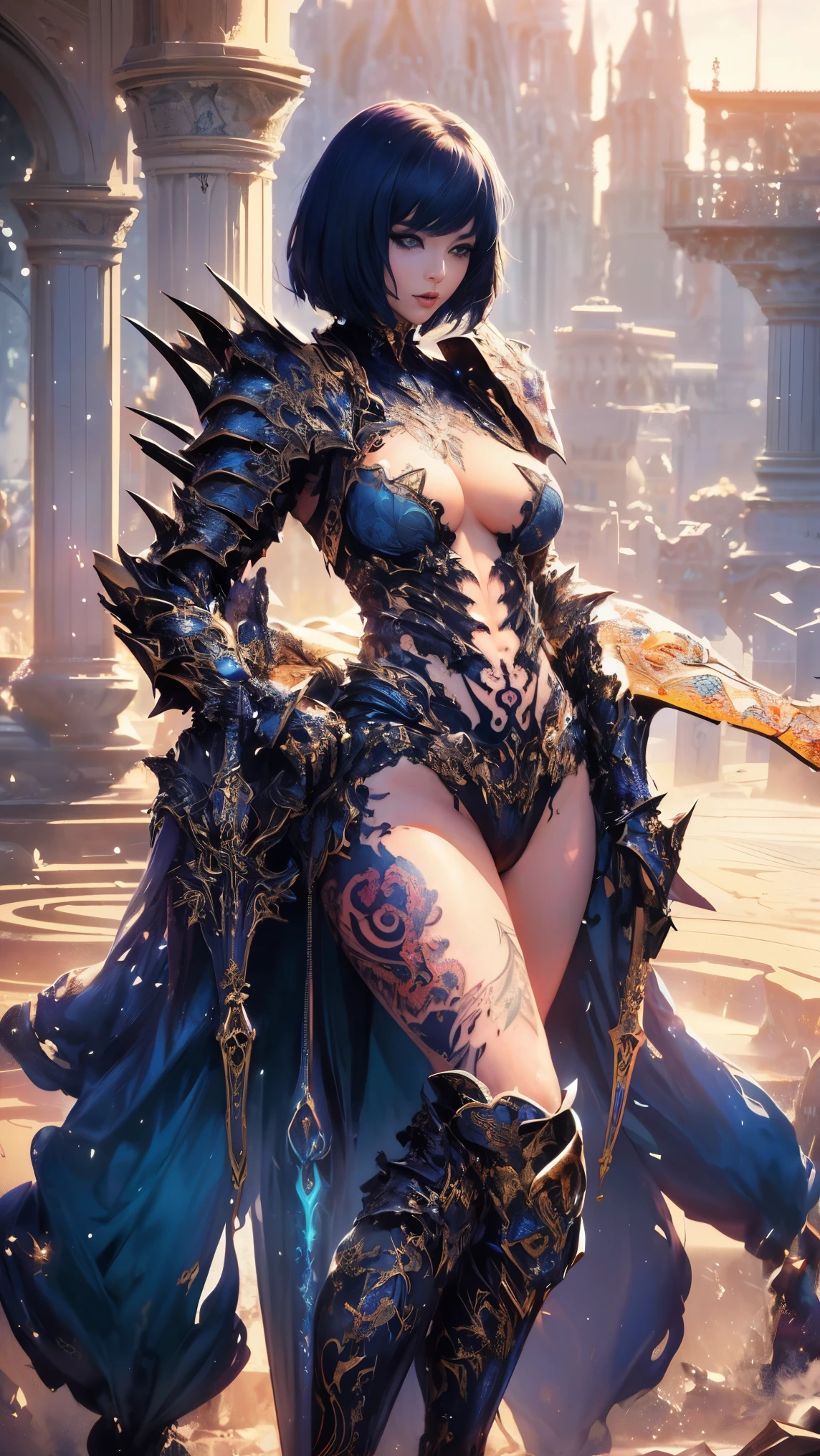 (Masterpiece, Top Quality, Top Quality, Official Art, Beautiful and Aesthetic: 2), (beautiful tattoo:2),(Photorealistic: 1.4), Sharp Focus, (Wearing Detailed Body Jewelry, one girl, Beautiful Sexy, ((Succubus Demon ))), (dynamic pose), (change pose), (dynamic angle), beautiful face, detailed face, perfect proportions, (small breasts:1.5), (short hair:2),navel, crotch gap, thighs, cowboy Shot, Highly Detailed, (Fractal Art: 1.5), Colorful, Best Detailed, (Sexy Armor:1.9), ((Movie Lighting)),cool beauty,(tall women:1.9),Precisely expresses details such as face and skin texture,beautiful eye,double eyelid,delicate skin,slender body shape,