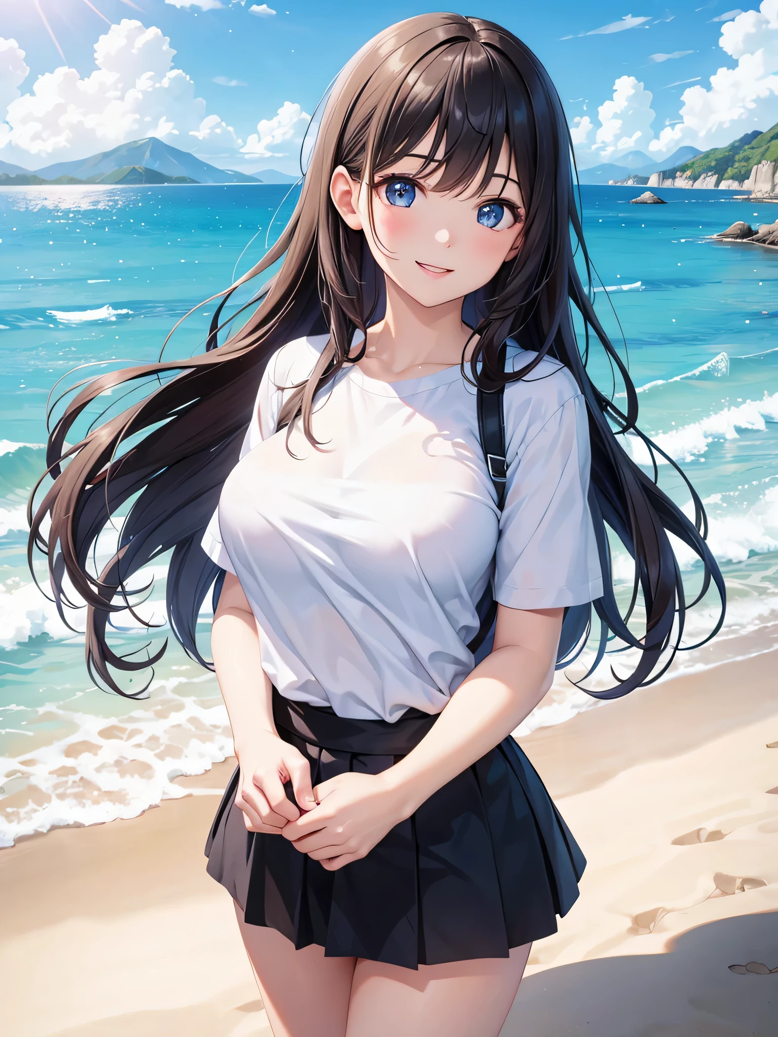 one woman、((highest quality、8K masterpiece:1.3))、sharp focus:1.2、(super beautiful face:1.0)、(shiny skin:1.0)、realistic pictures、black haired、video writing、High resolution eyes and face、video writing、(cute korean actress)、from the front、beautiful breasts、smile、The beauty of slender abs、whole body、wearing a t-shirt、on the beach at night