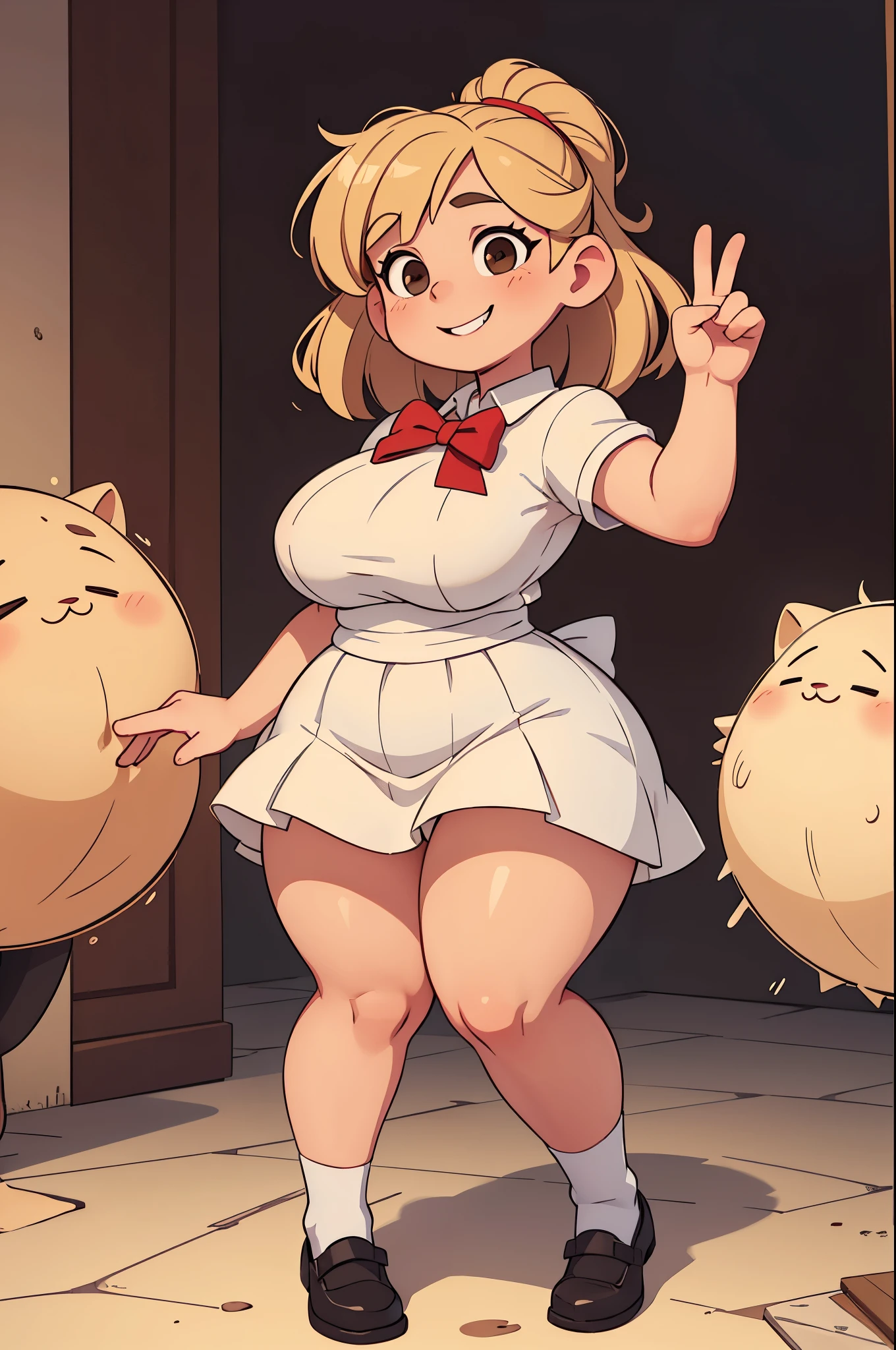 Drawing of a pudgy of late adolescence with rosy cheeks, brown eyes, creamy blonde hair. She is in a white dress with a prominent bow on her waist; she is wearing black dress shoes. She has muscular, toned, realistic feet and legs. Her legs are thick, fat, chubby, meaty, voluptuous, curvaceous, long, Rubenesque and plump. She is posing with both hands making victory sign and with one leg up. She is smiling flirtatiously.