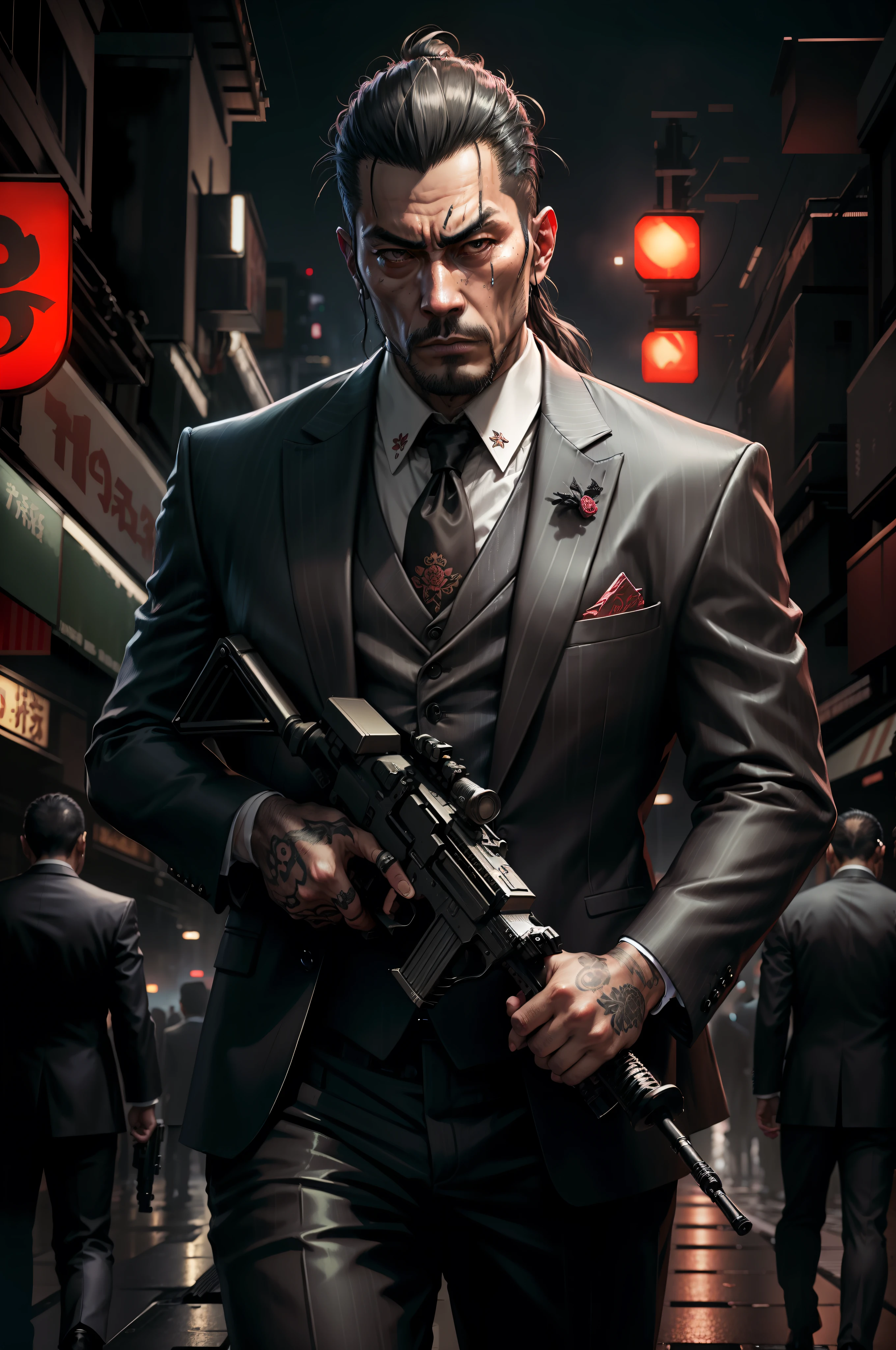 japanese yakuza mobster with a dark gray three-piece suit, uses assault rifle, facial scar, realistic, stylish, hdr, intricate details, hyperdetailed, cinematic, rim light, danger atmosphere, noir, night, cyberpunk lighting, tokyo street, rain