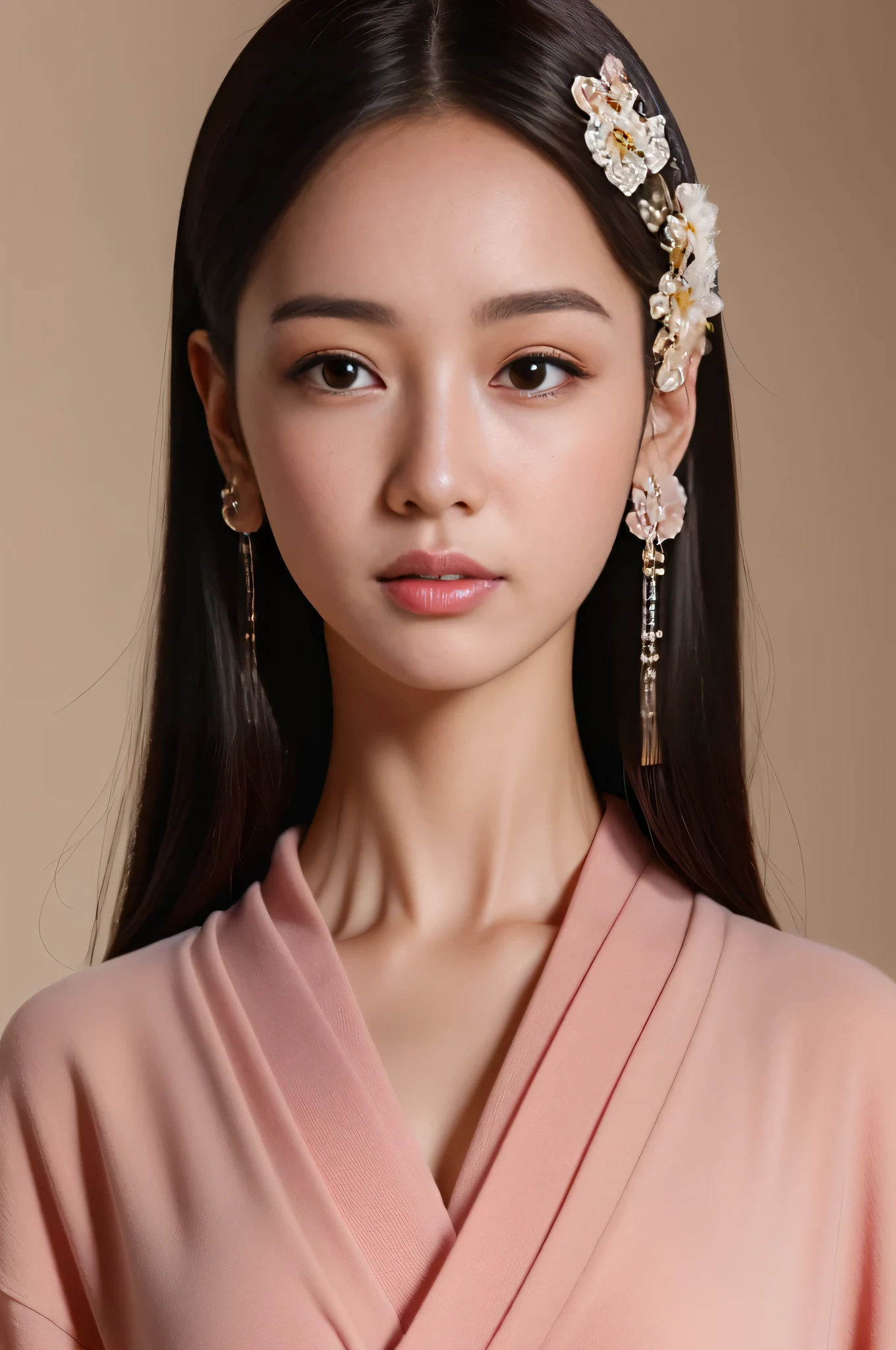 Bust of a young Japanese woman with long black hair, almond shaped brown eyes,  nose, Wearing a pink kimono，Wear floral hair accessories. (8k, best quality : 1.2), (masterpiece, lifelike : 1.3), Super detailed, anatomically correct