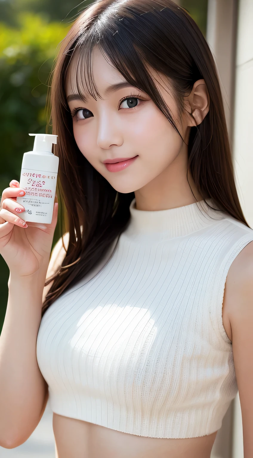 masutepiece, Best Quality, Photorealsitic, finely detail, hight resolution, 8K Wallpapers, Perfect dynamic composition, Beautiful detailed eyes, Medium Hair, large full breasts, Random and sexy poses, holding a serum bottle and showing infront of the camera, Bring your chest together、(Very Small Size Mock Neck Crop Tank Top White Knitwear)、(Breast bulge 1.2)、A smile、open open mouth、Resort scenery、23years old、(Drooping eyes 1.4)、Adult beauty、japanese, holding a small bottel serum with a smile