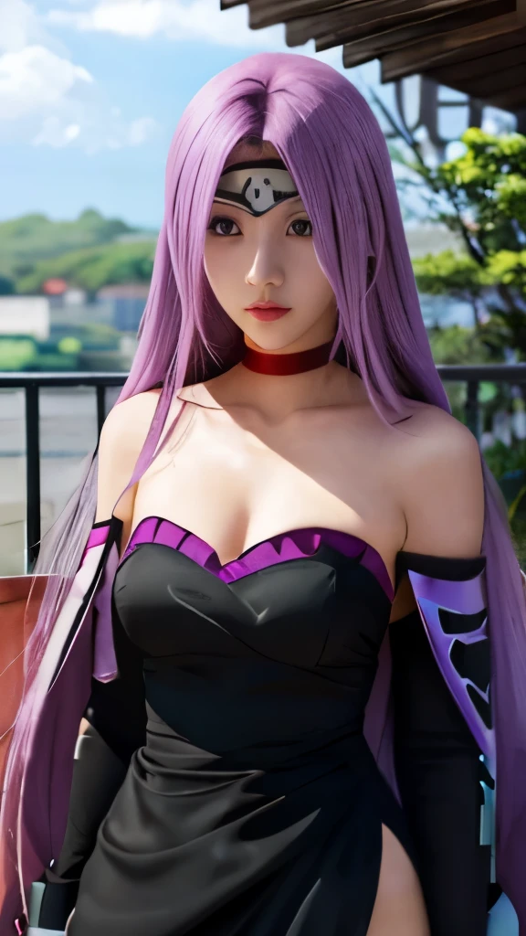 top-quality, 8K, ultra-detailliert, Top image quality, Fate, rider, femele, Wearing a blindfold, purple long-haired, Bodycon with protruding shoulders, sexypose, The décolleté is vacant, Draw from the chest up, (Forehead pattern:1.5)