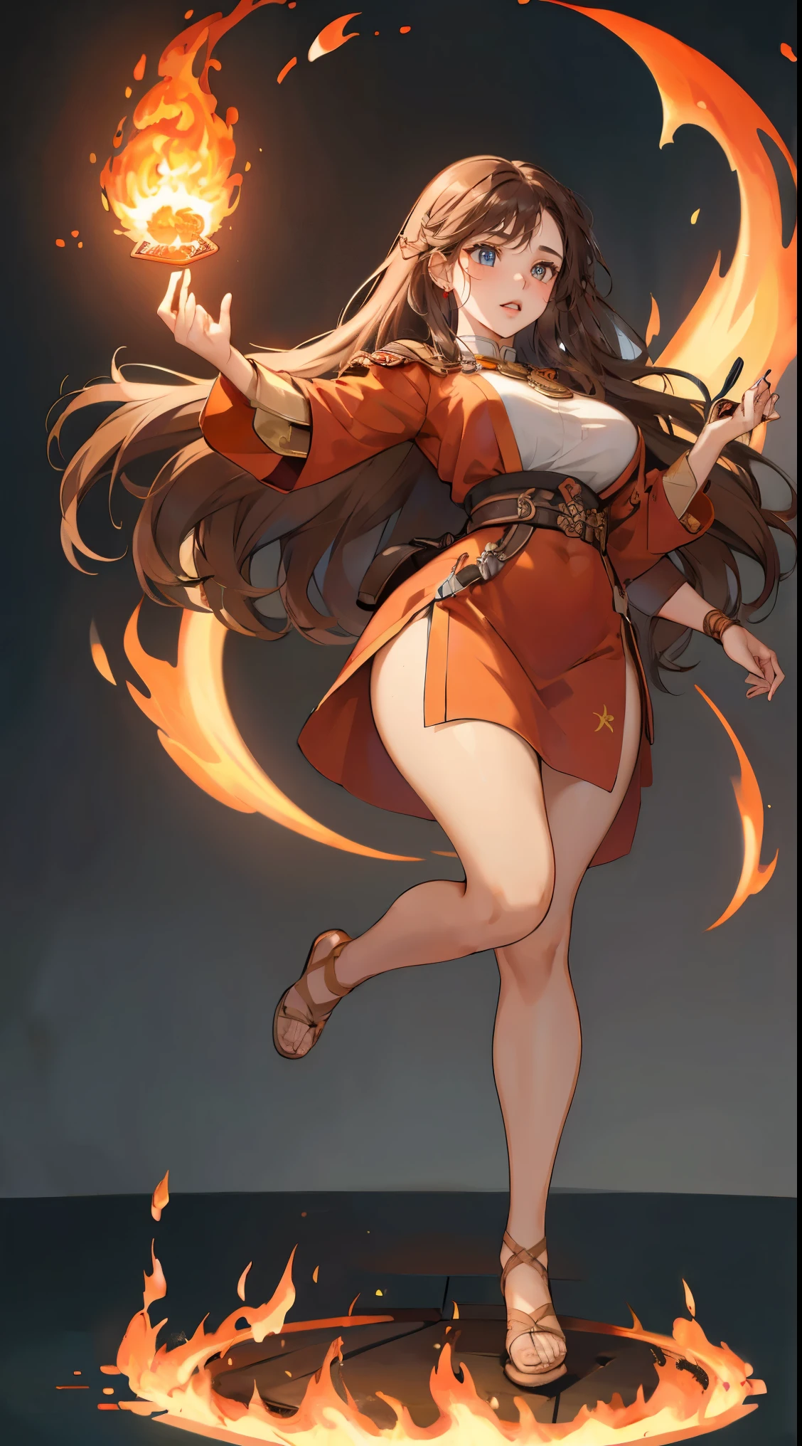 1girl, (solo:1.2), curvy, (masterpiece:1.2), (best quality:1.2)Beautiful, long brown hair, hazel eyes, fierce, fire bender, animated((full body)),