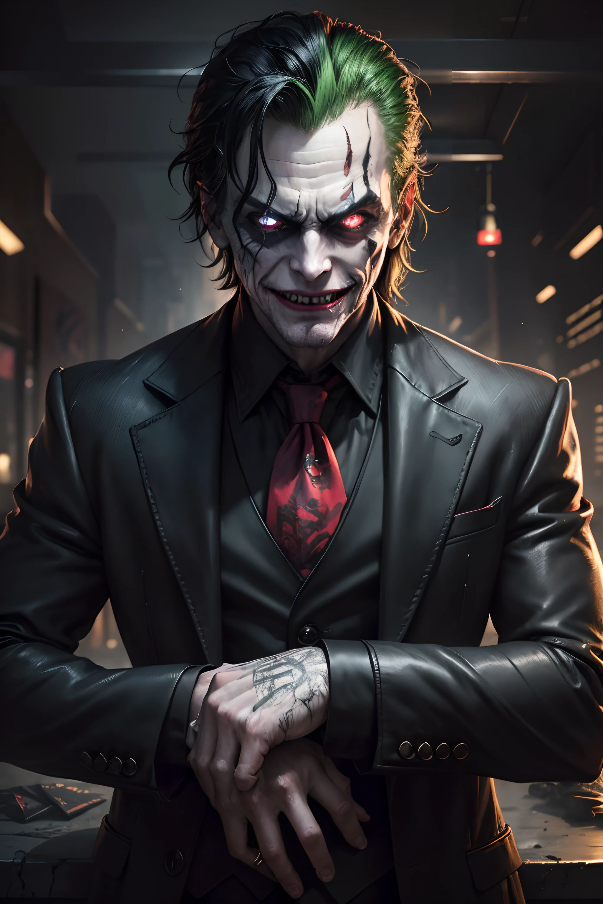 (best quality,4k,highres,masterpiece:1.2),ultra-detailed,realistic:1.37,joker,portraits,oil painting,vibrant colors,dramatic lighting,haunting smile,messy green hair,menacing eyes,black suit,purple accents,sharp facial features,deranged expression,maniacal laughter,insane grin,creepy atmosphere,gritty background,crazed antagonist,intense emotions,sinister appearance,psychopathic tendencies,mysterious persona,shadowy ambiance,joker card,disheveled clothing,chaotic energy,evil mastermind,arch-nemesis of batman,manipulative personality,unpredictable behavior,criminal mind,criminal mastermind,disturbed mind,perverse sense of humor,unhinged laughter,diabolical schemes,dark underworld,Chaos in Gotham City